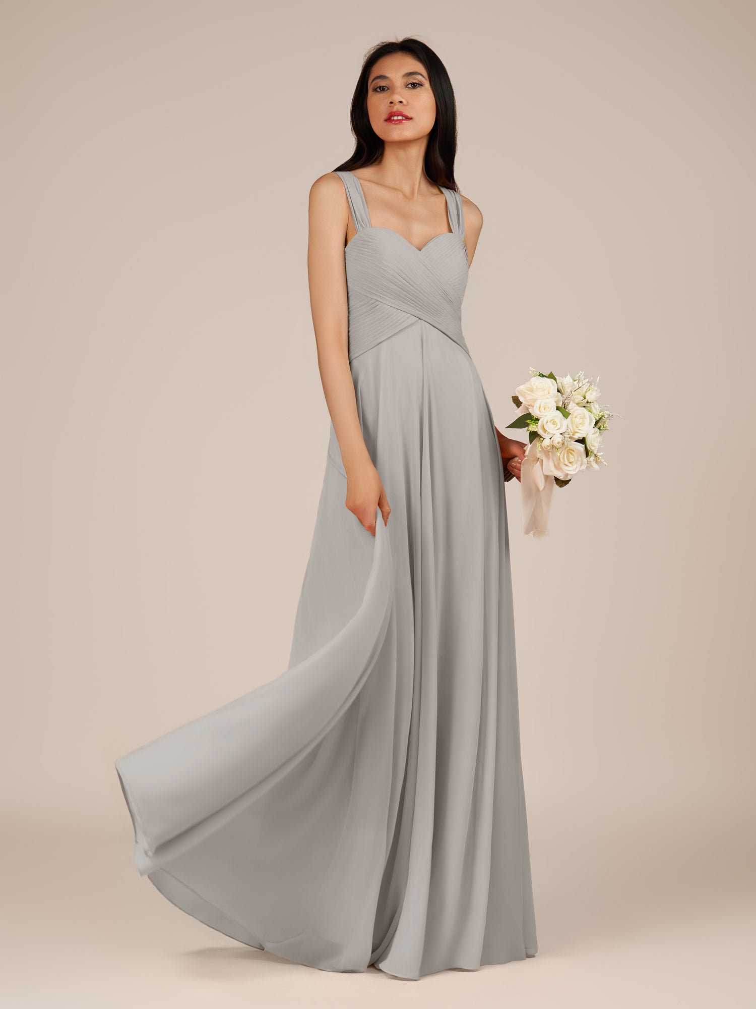 KissDress-Cerelia Silver A Line V Neck Chiffon Long Bridesmaid Dress with Pleats