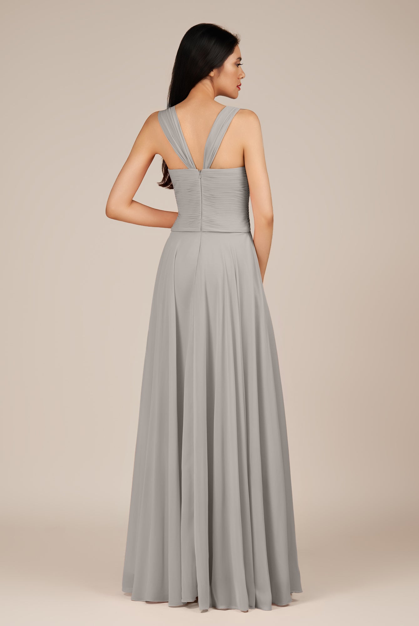 KissDress-Cerelia Silver A Line V Neck Chiffon Long Bridesmaid Dress with Pleats