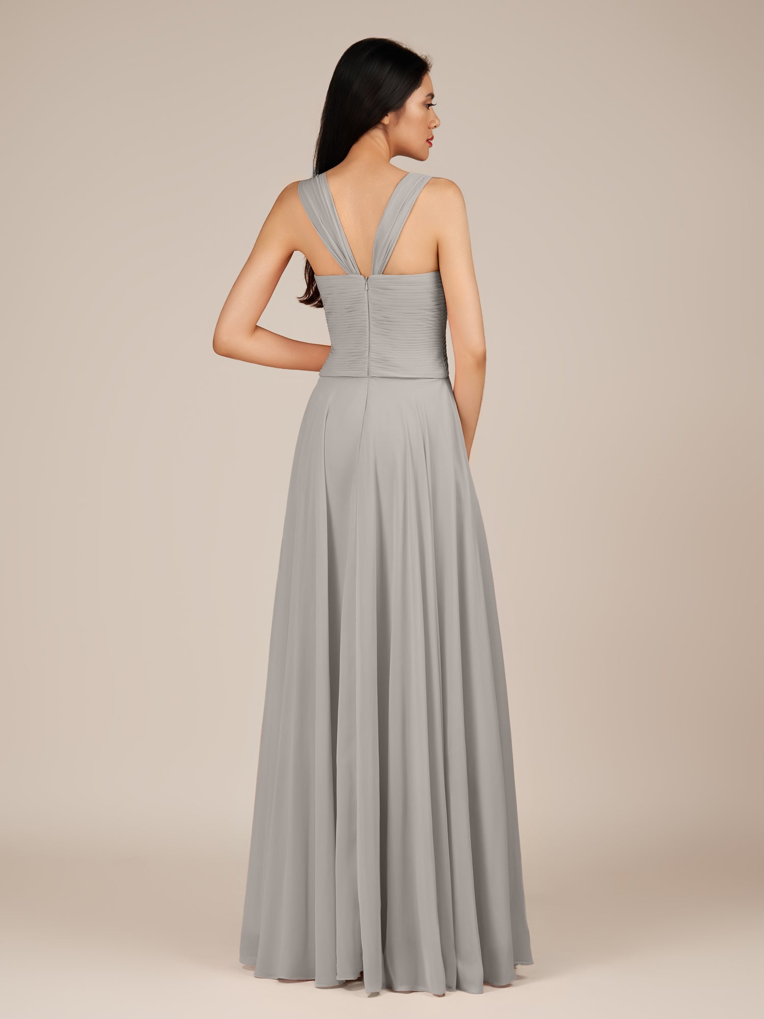 KissDress-Cerelia Silver A Line V Neck Chiffon Long Bridesmaid Dress with Pleats