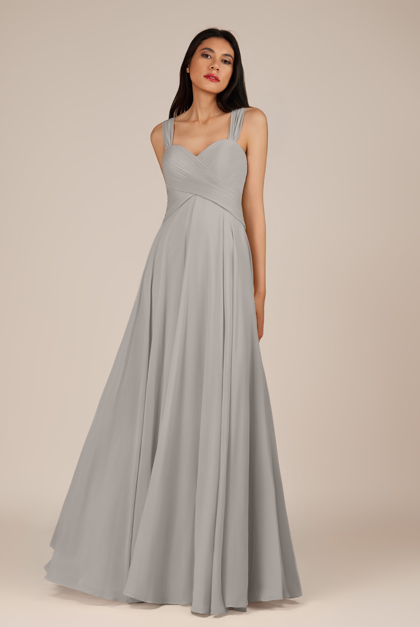 KissDress-Cerelia Silver A Line V Neck Chiffon Long Bridesmaid Dress with Pleats