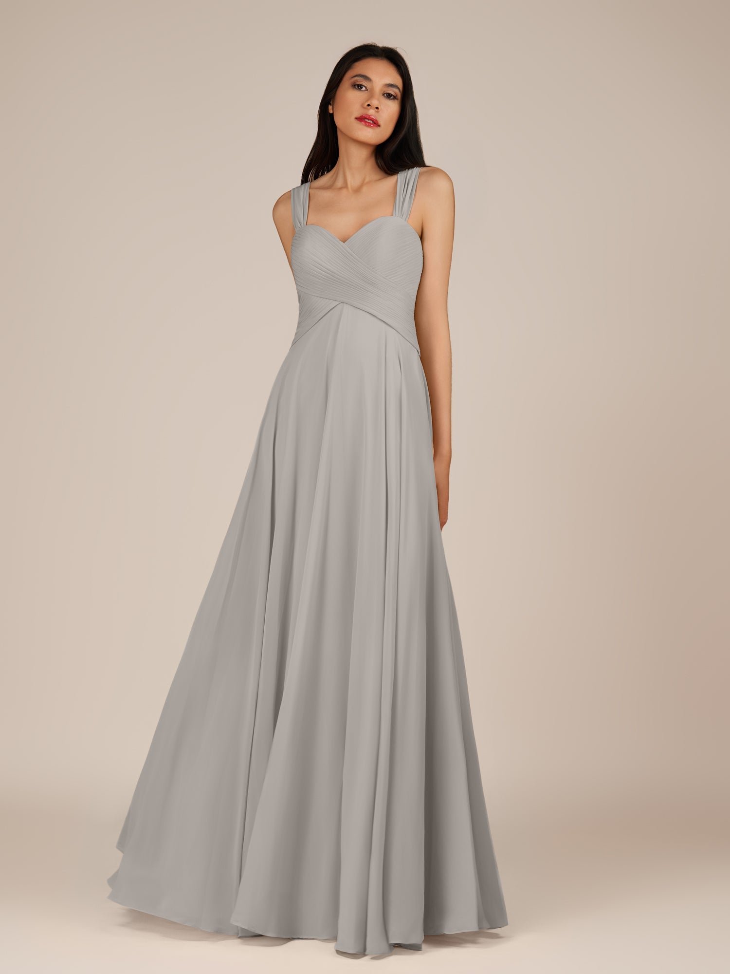 KissDress-Cerelia Silver A Line V Neck Chiffon Long Bridesmaid Dress with Pleats