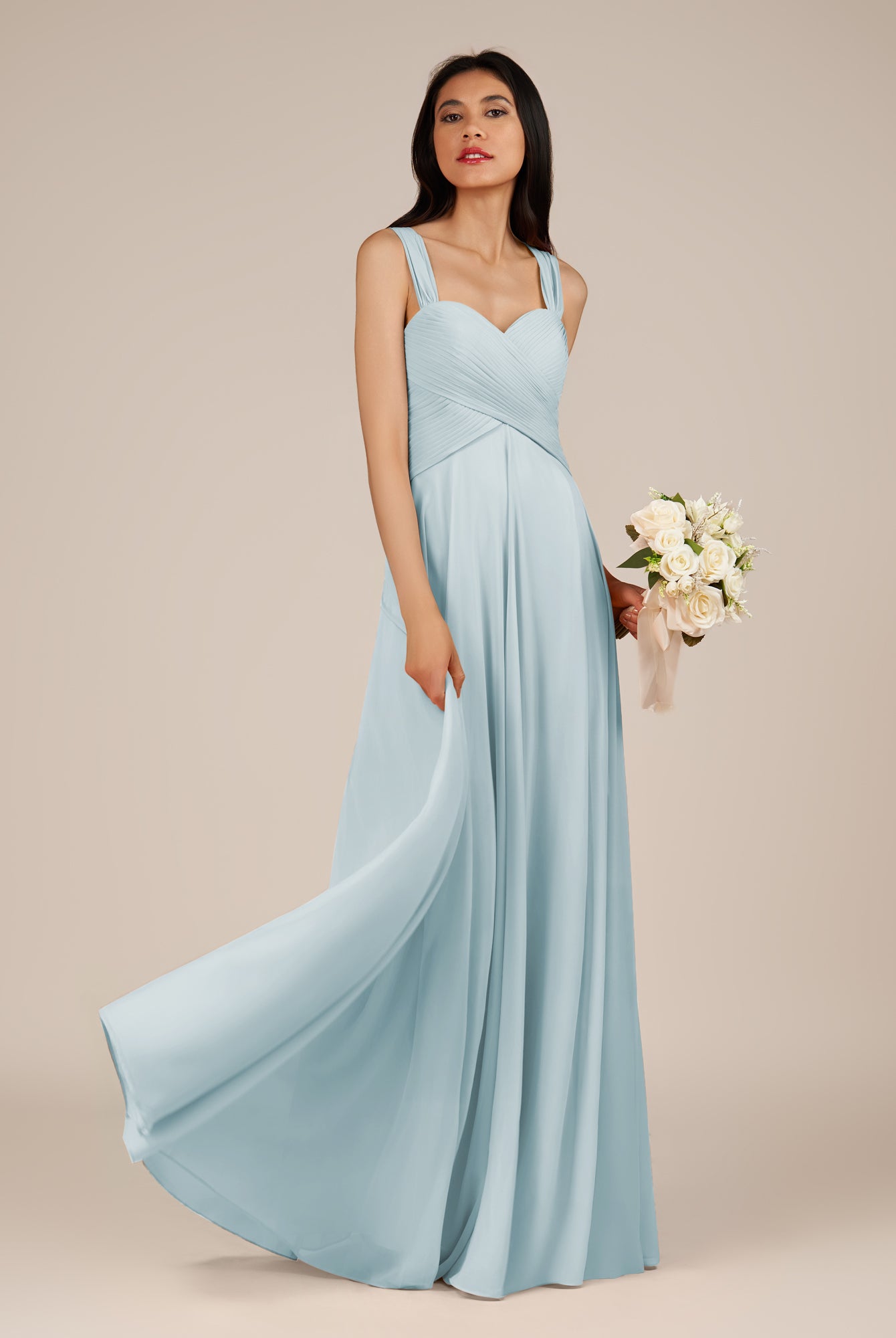 KissDress-Cerelia Sky Blue A Line V Neck Chiffon Long Bridesmaid Dress with Pleats