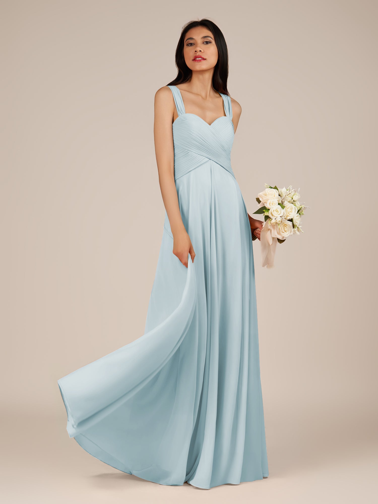 KissDress-Cerelia Sky Blue A Line V Neck Chiffon Long Bridesmaid Dress with Pleats