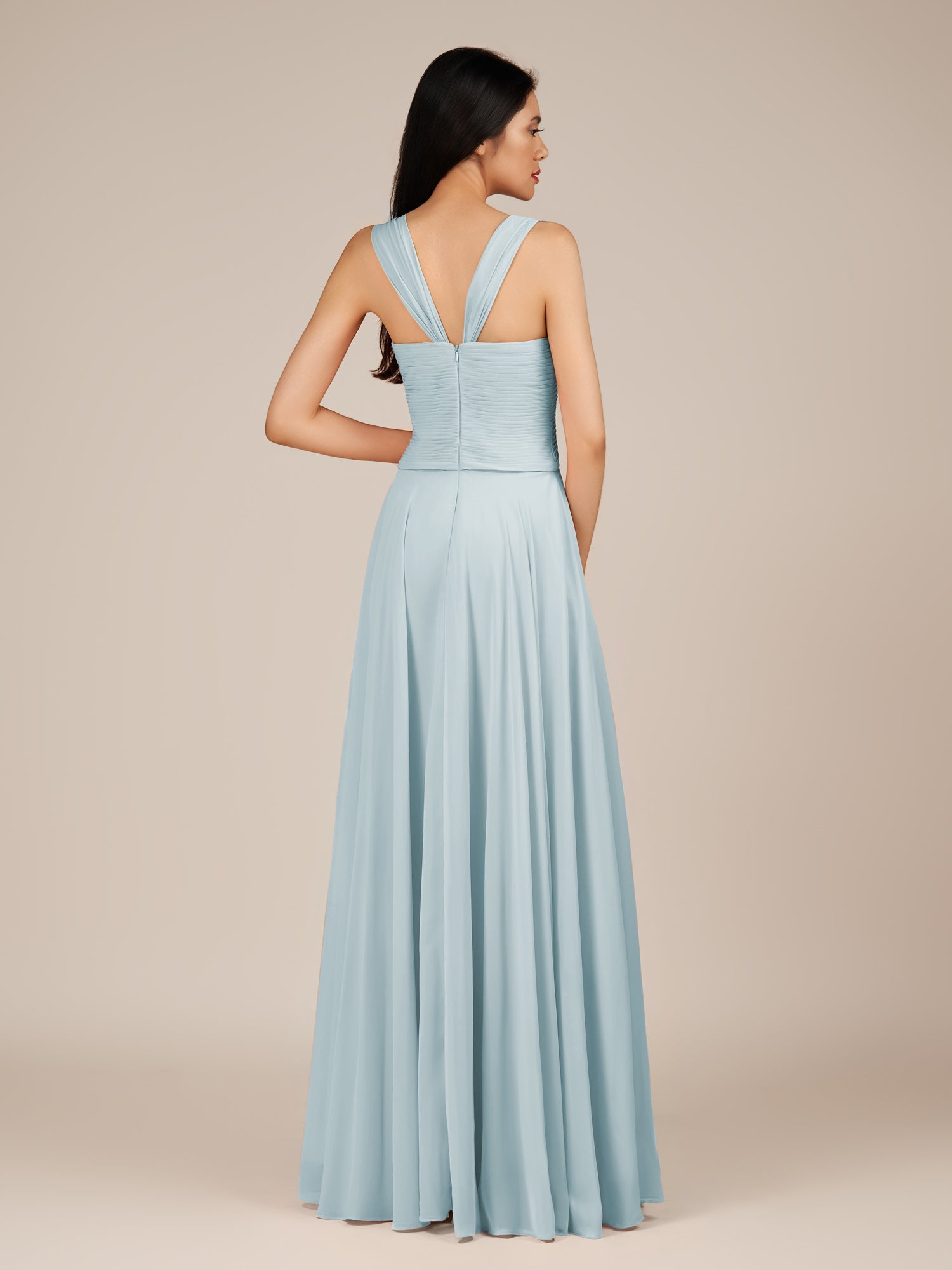 KissDress-Cerelia Sky Blue A Line V Neck Chiffon Long Bridesmaid Dress with Pleats