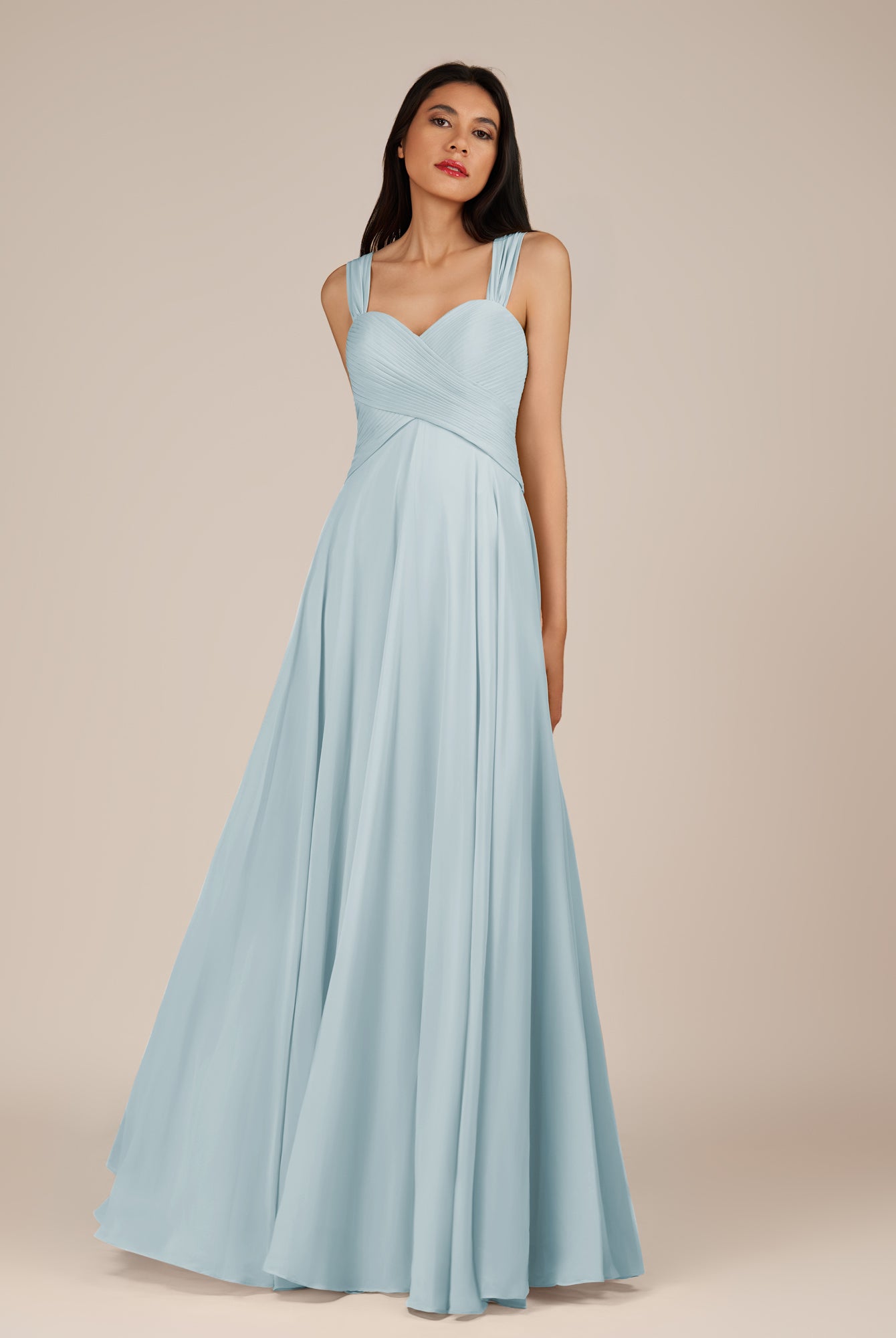 KissDress-Cerelia Sky Blue A Line V Neck Chiffon Long Bridesmaid Dress with Pleats