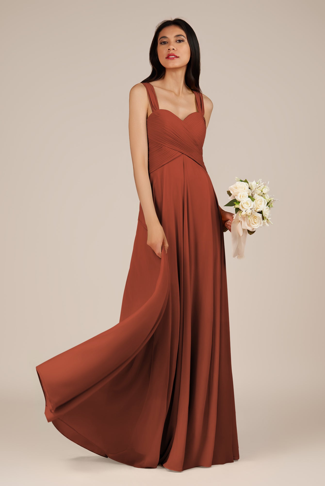 KissDress-Cerelia Spice A Line V Neck Chiffon Long Bridesmaid Dress with Pleats
