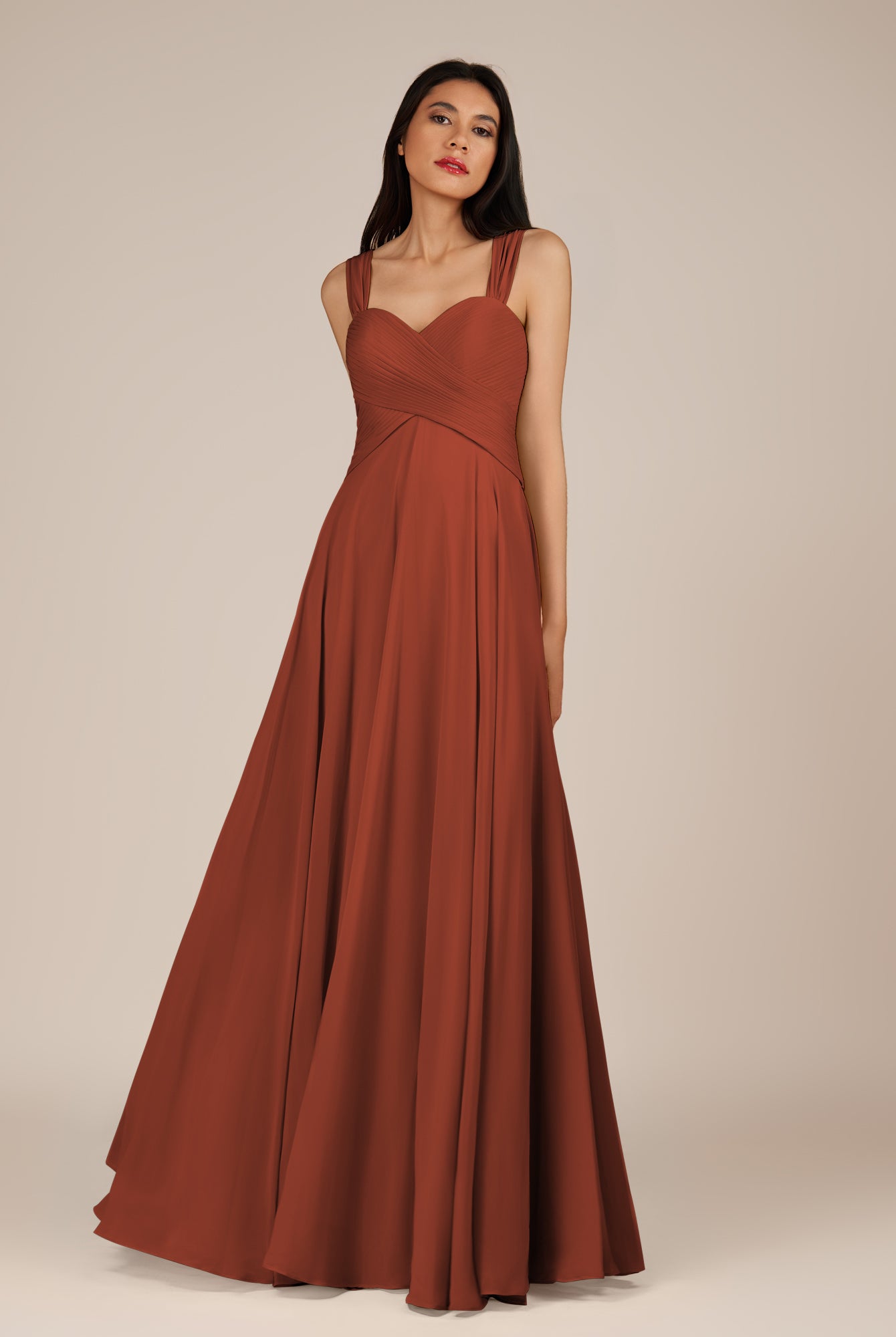 KissDress-Cerelia Spice A Line V Neck Chiffon Long Bridesmaid Dress with Pleats
