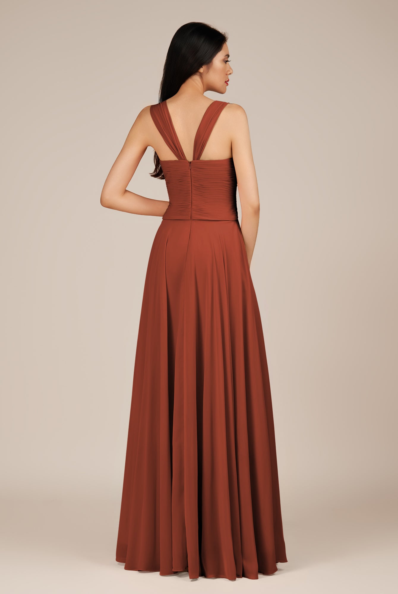 KissDress-Cerelia Spice A Line V Neck Chiffon Long Bridesmaid Dress with Pleats