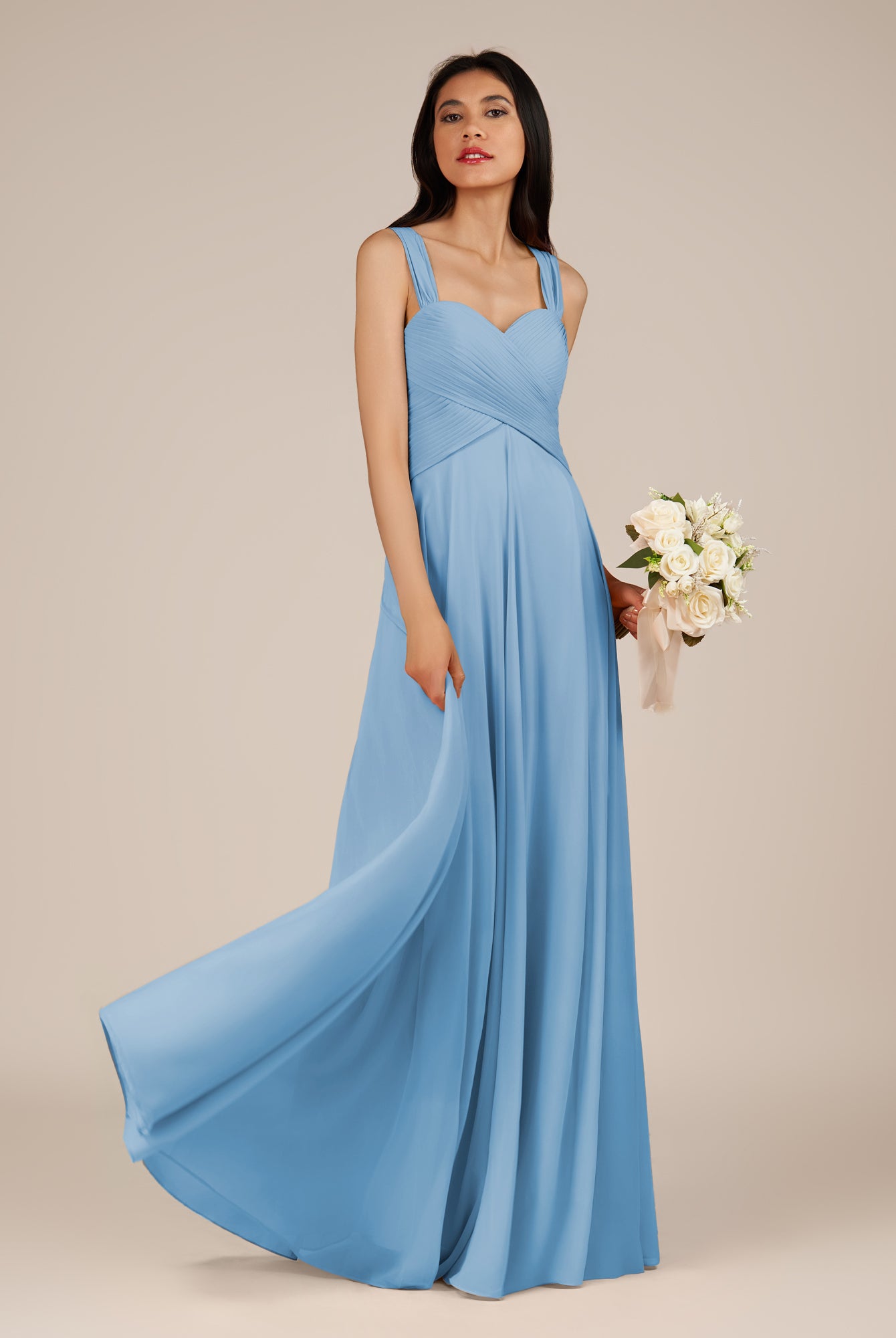 KissDress-Cerelia Steel Blue A Line V Neck Chiffon Long Bridesmaid Dress with Pleats