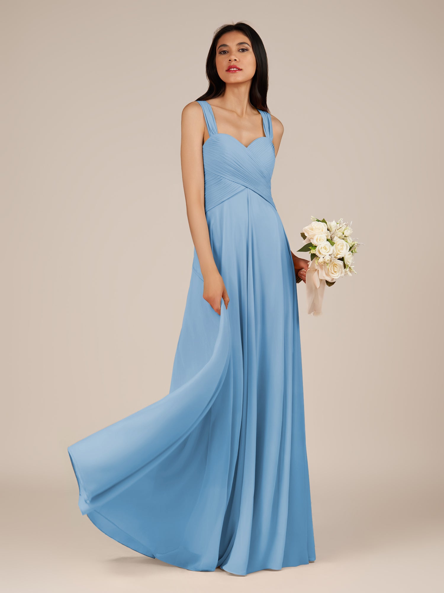 KissDress-Cerelia Steel Blue A Line V Neck Chiffon Long Bridesmaid Dress with Pleats