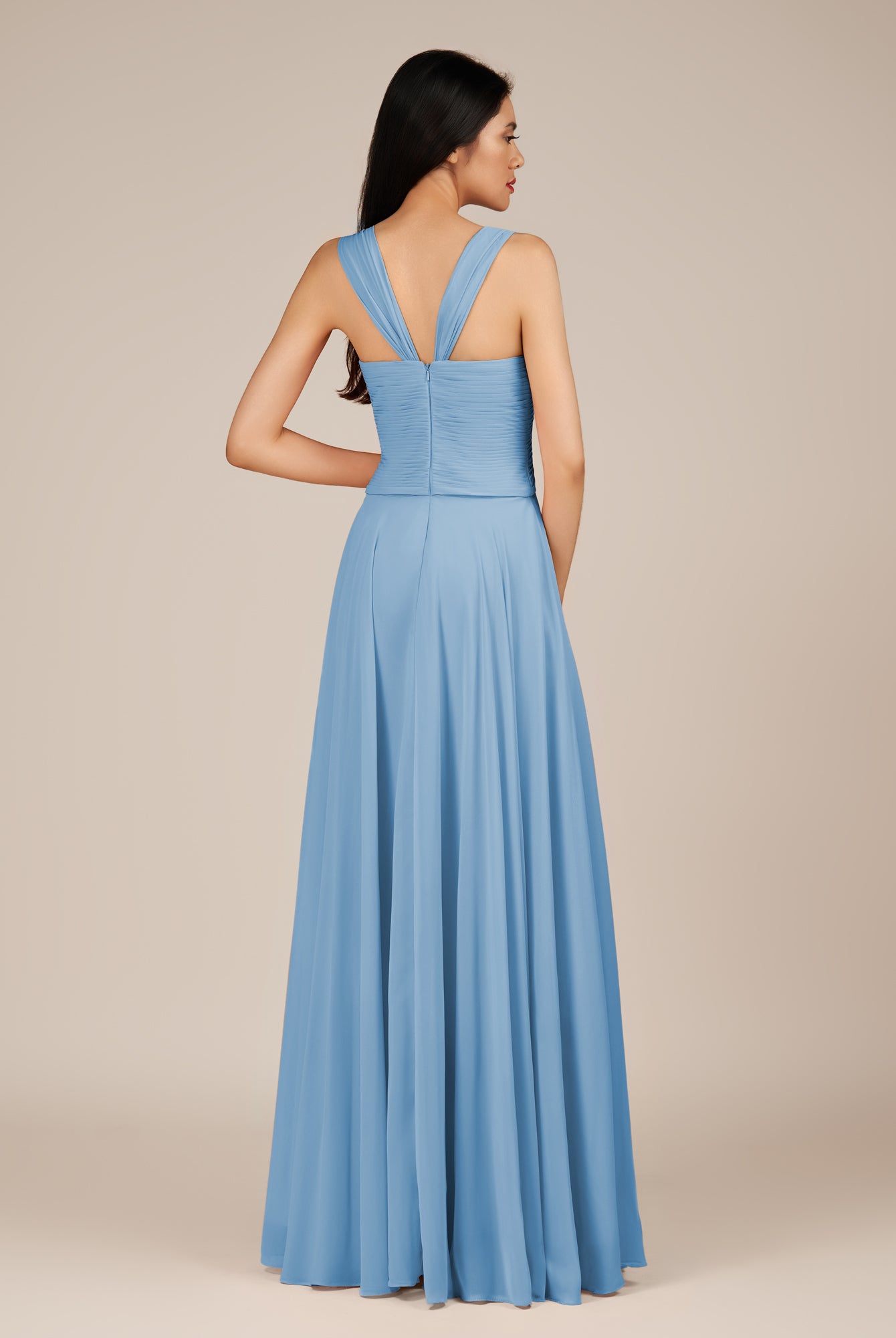 KissDress-Cerelia Steel Blue A Line V Neck Chiffon Long Bridesmaid Dress with Pleats