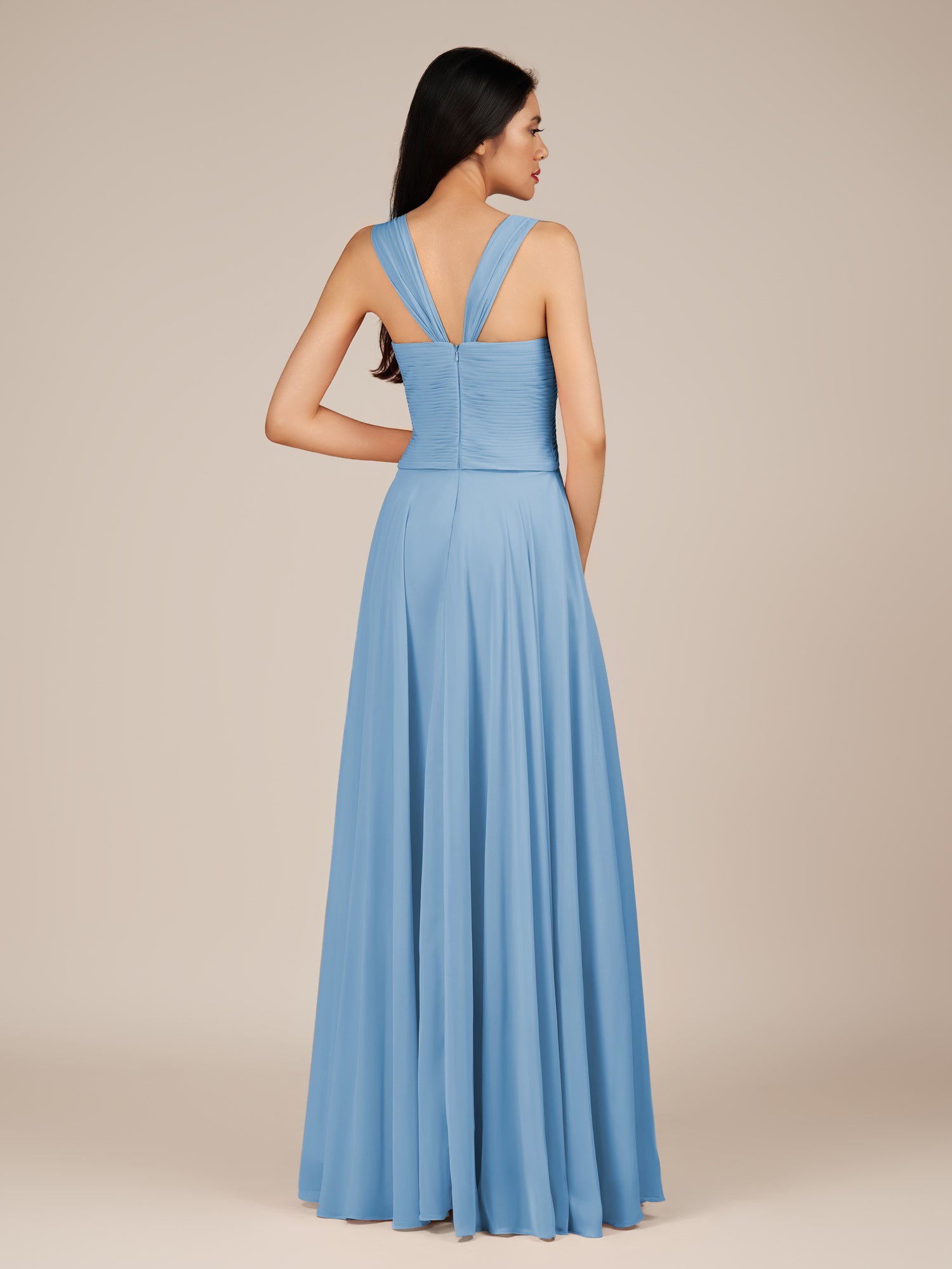 KissDress-Cerelia Steel Blue A Line V Neck Chiffon Long Bridesmaid Dress with Pleats