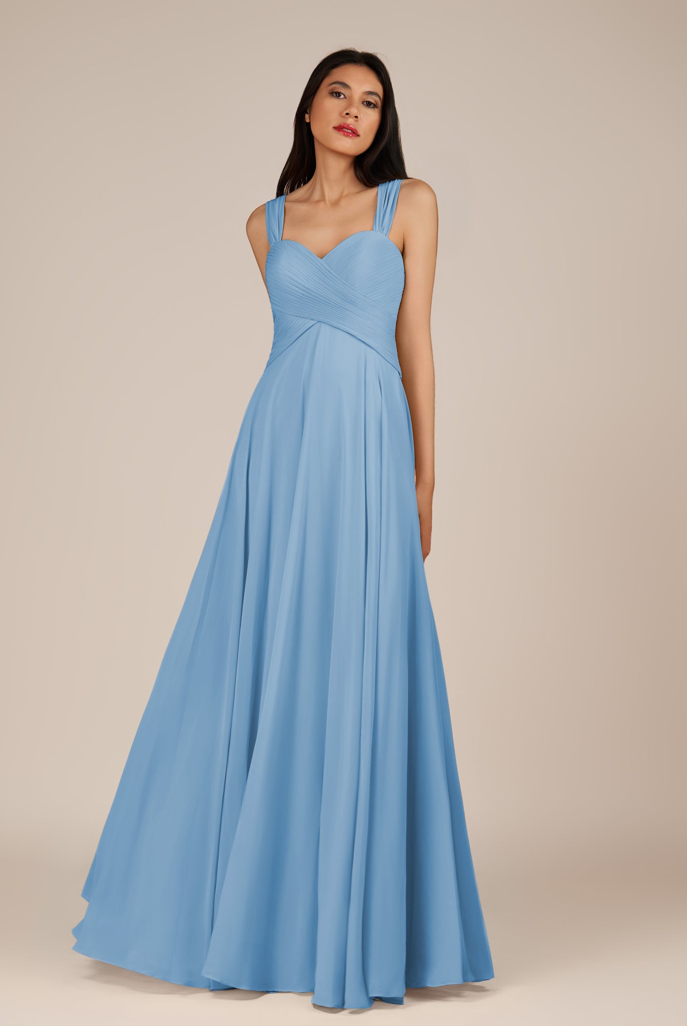 KissDress-Cerelia Steel Blue A Line V Neck Chiffon Long Bridesmaid Dress with Pleats