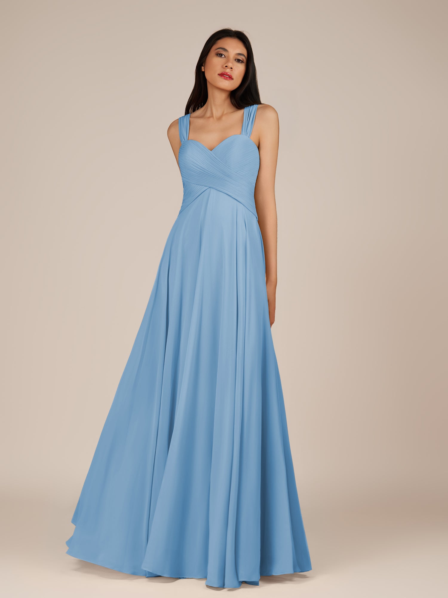 KissDress-Cerelia Steel Blue A Line V Neck Chiffon Long Bridesmaid Dress with Pleats