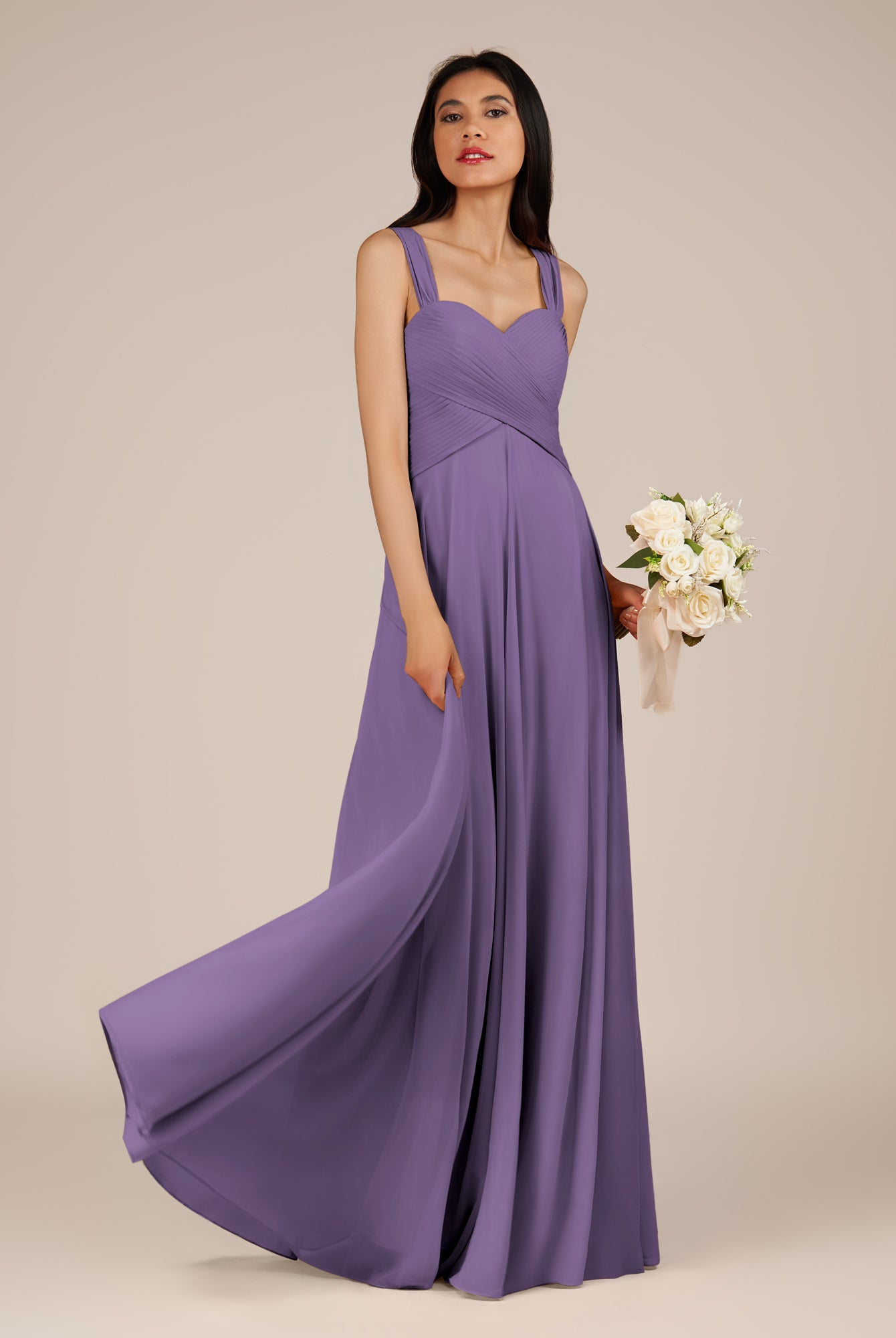 KissDress-Cerelia Tahiti A Line V Neck Chiffon Long Bridesmaid Dress with Pleats