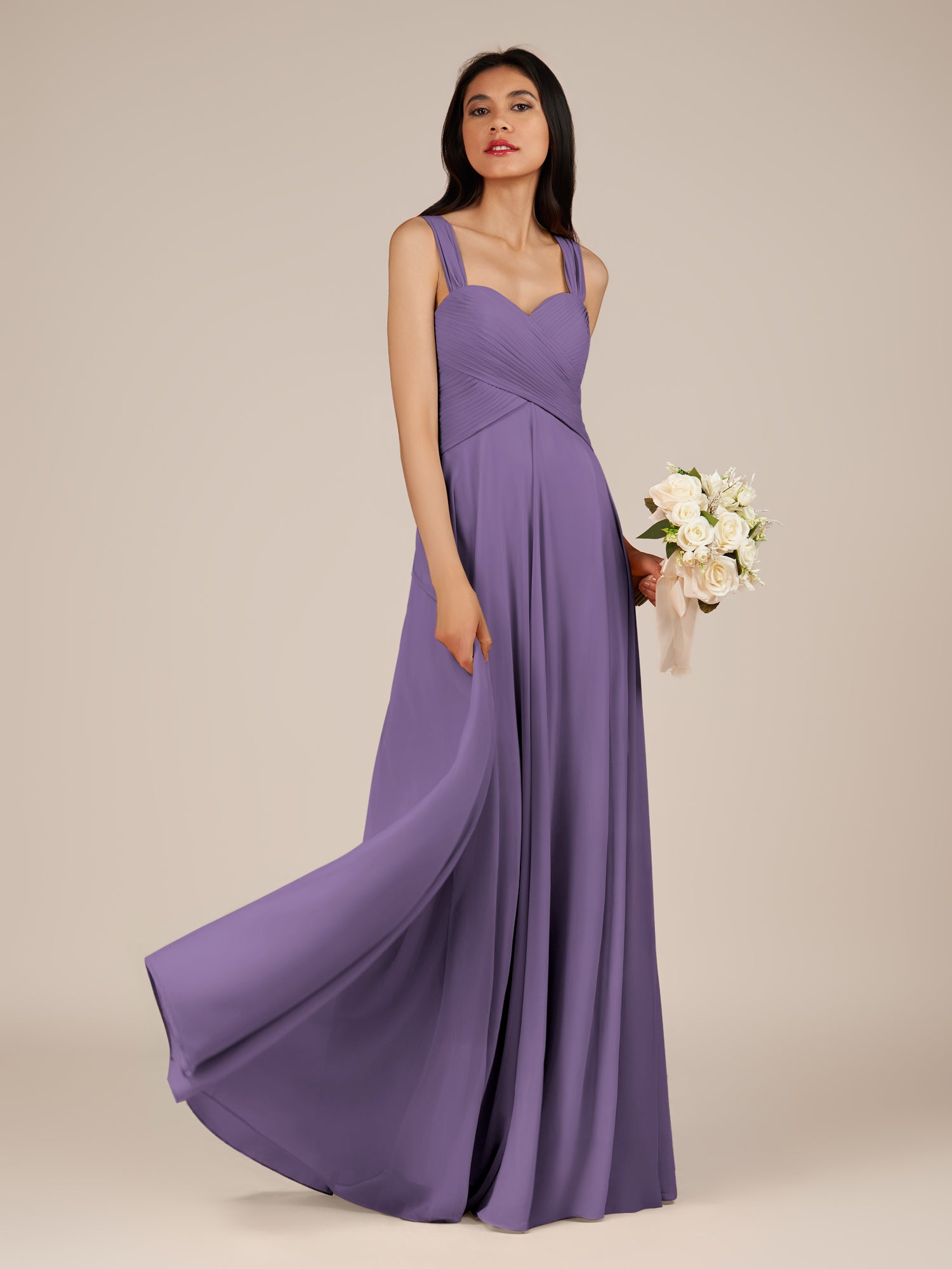 KissDress-Cerelia Tahiti A Line V Neck Chiffon Long Bridesmaid Dress with Pleats