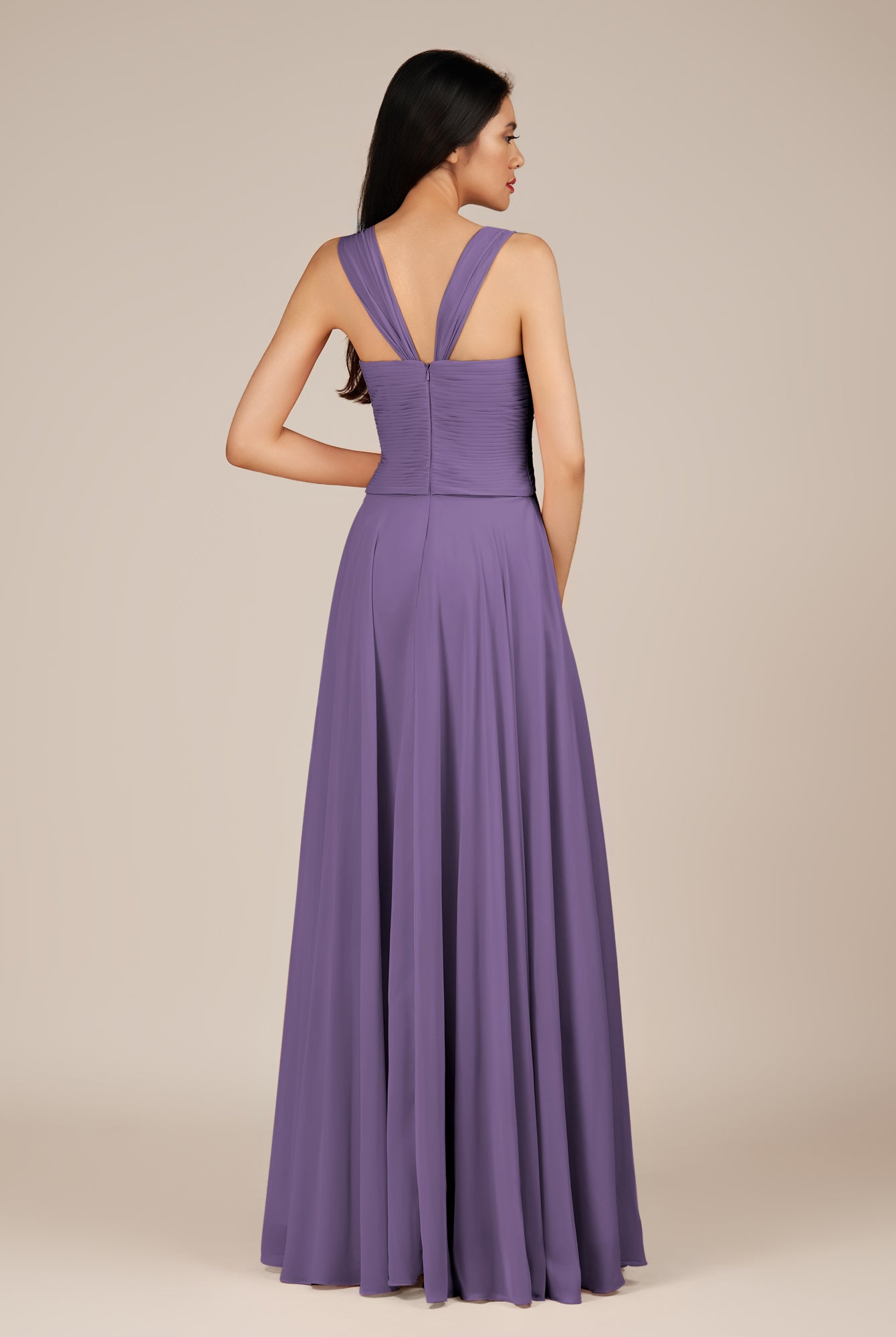 KissDress-Cerelia Tahiti A Line V Neck Chiffon Long Bridesmaid Dress with Pleats