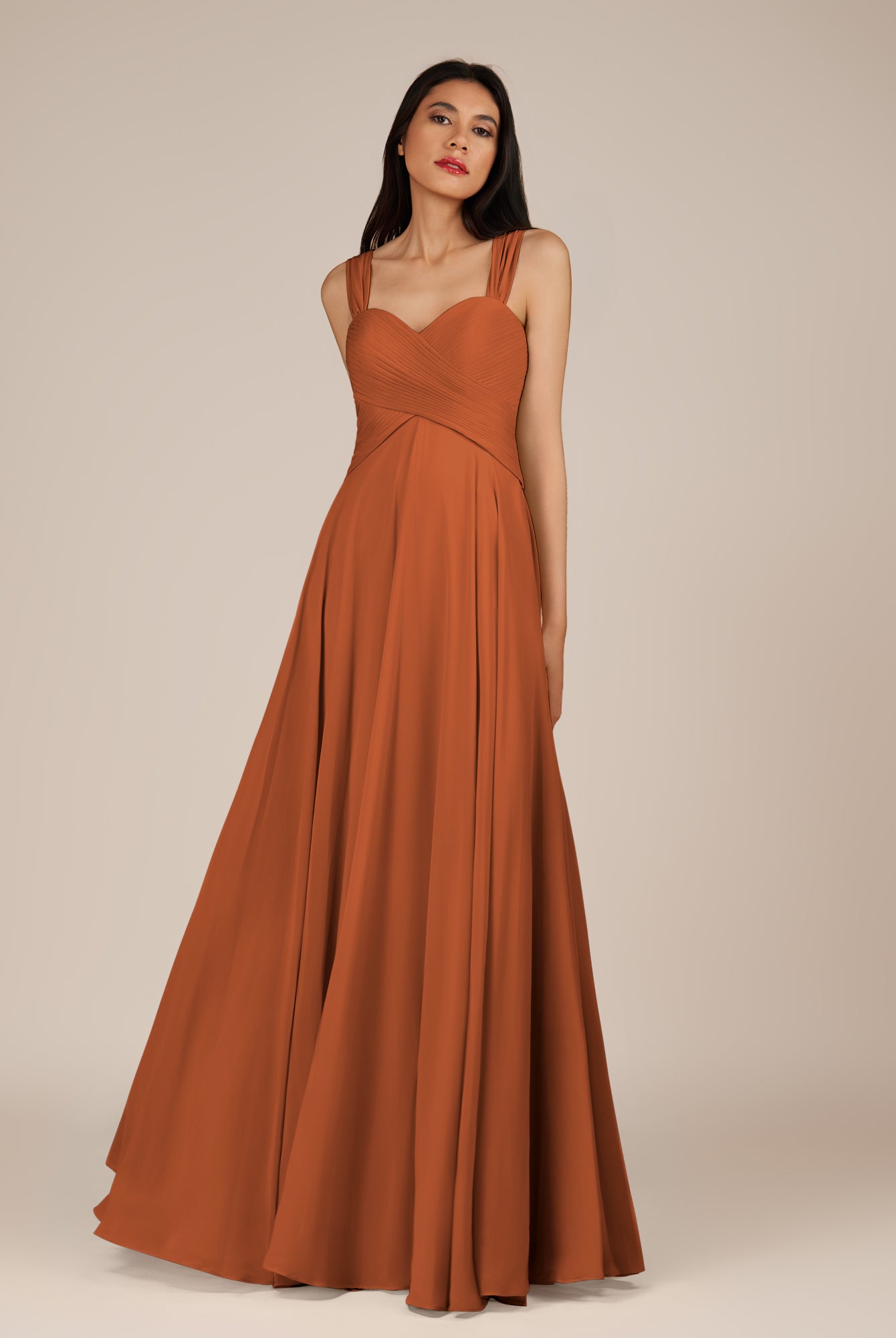 KissDress-Cerelia Terracotta A Line V Neck Chiffon Long Bridesmaid Dress with Pleats