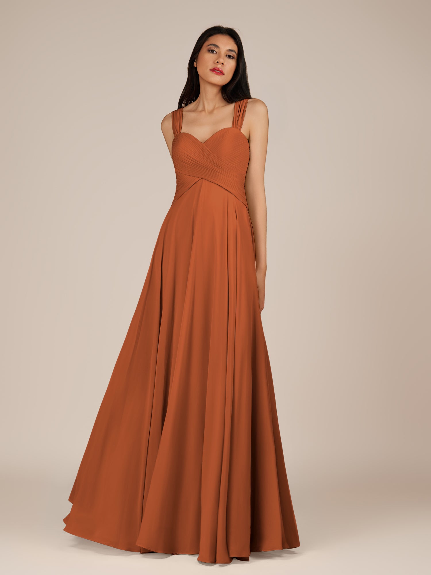 KissDress-Cerelia Terracotta A Line V Neck Chiffon Long Bridesmaid Dress with Pleats