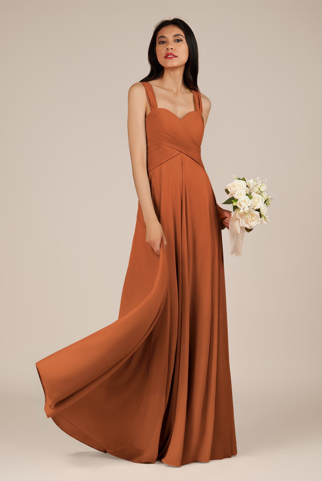 KissDress-Cerelia Terracotta A Line V Neck Chiffon Long Bridesmaid Dress with Pleats