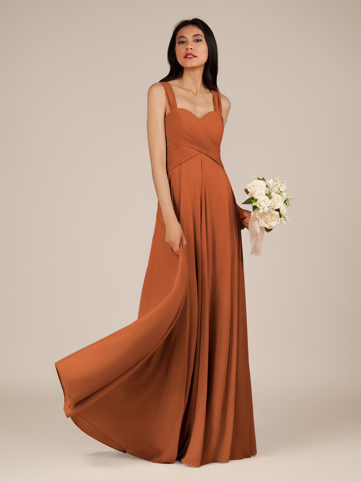 KissDress-Cerelia Terracotta A Line V Neck Chiffon Long Bridesmaid Dress with Pleats