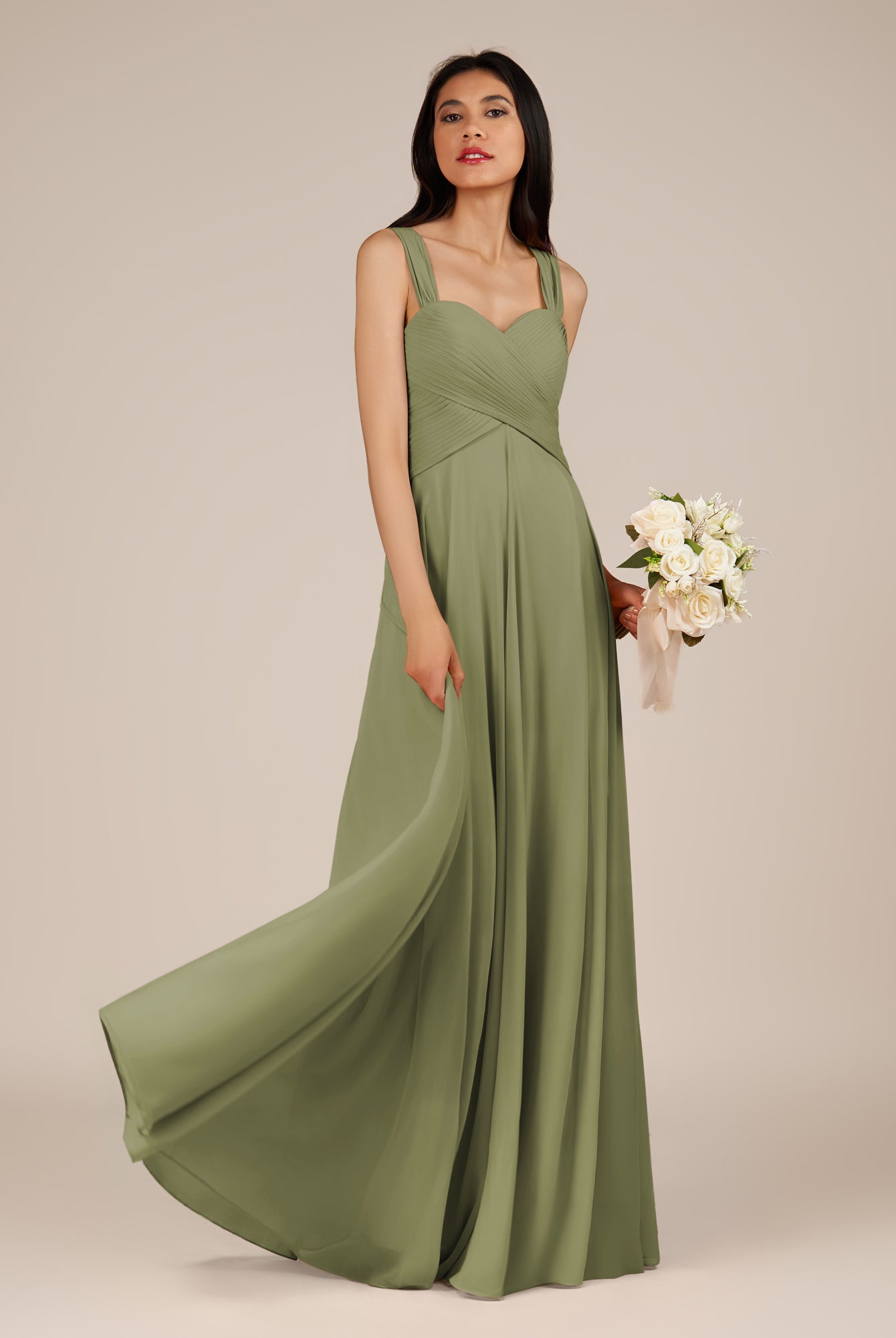 KissDress-Cerelia Thyme A Line V Neck Chiffon Long Bridesmaid Dress with Pleats