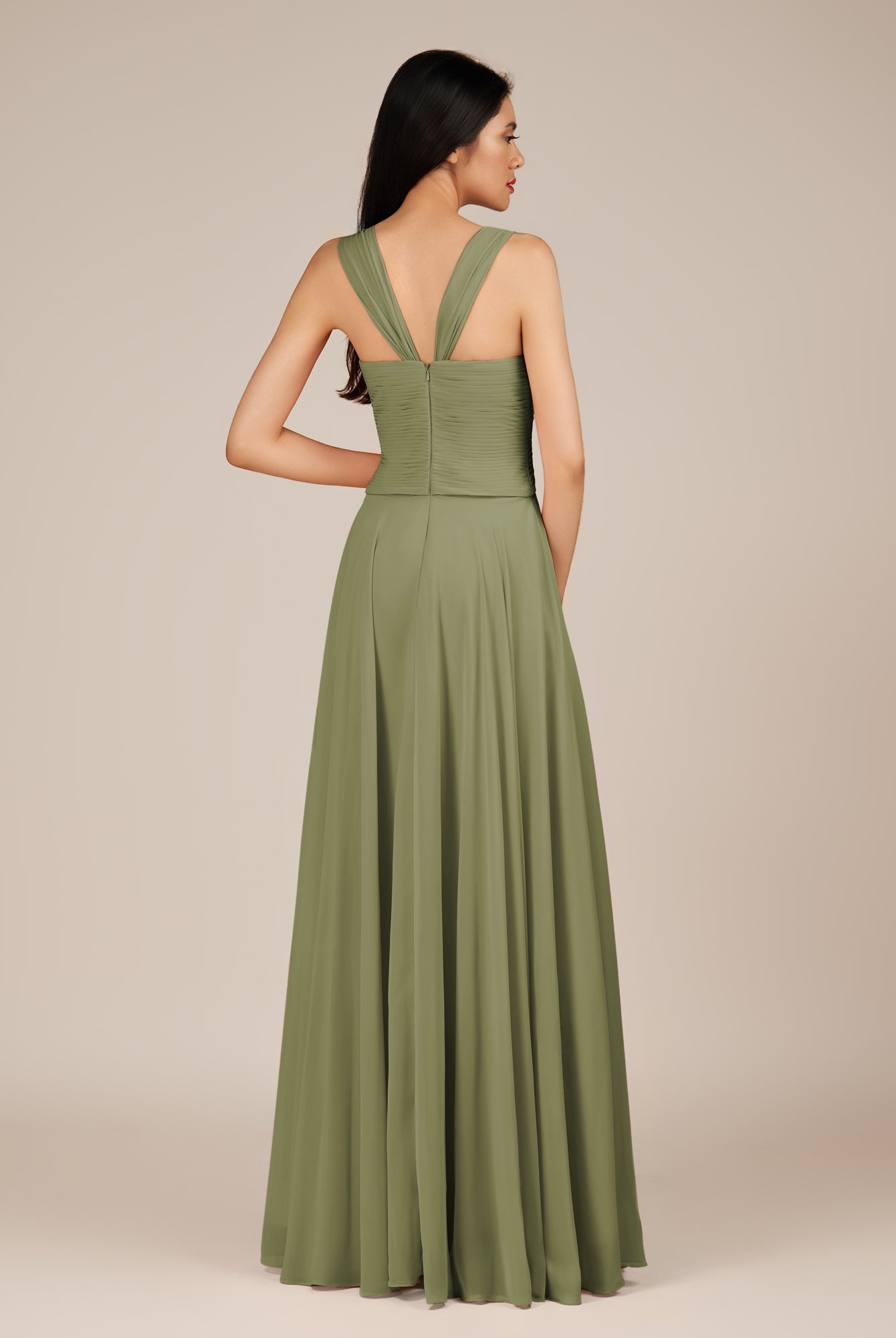 KissDress-Cerelia Thyme A Line V Neck Chiffon Long Bridesmaid Dress with Pleats