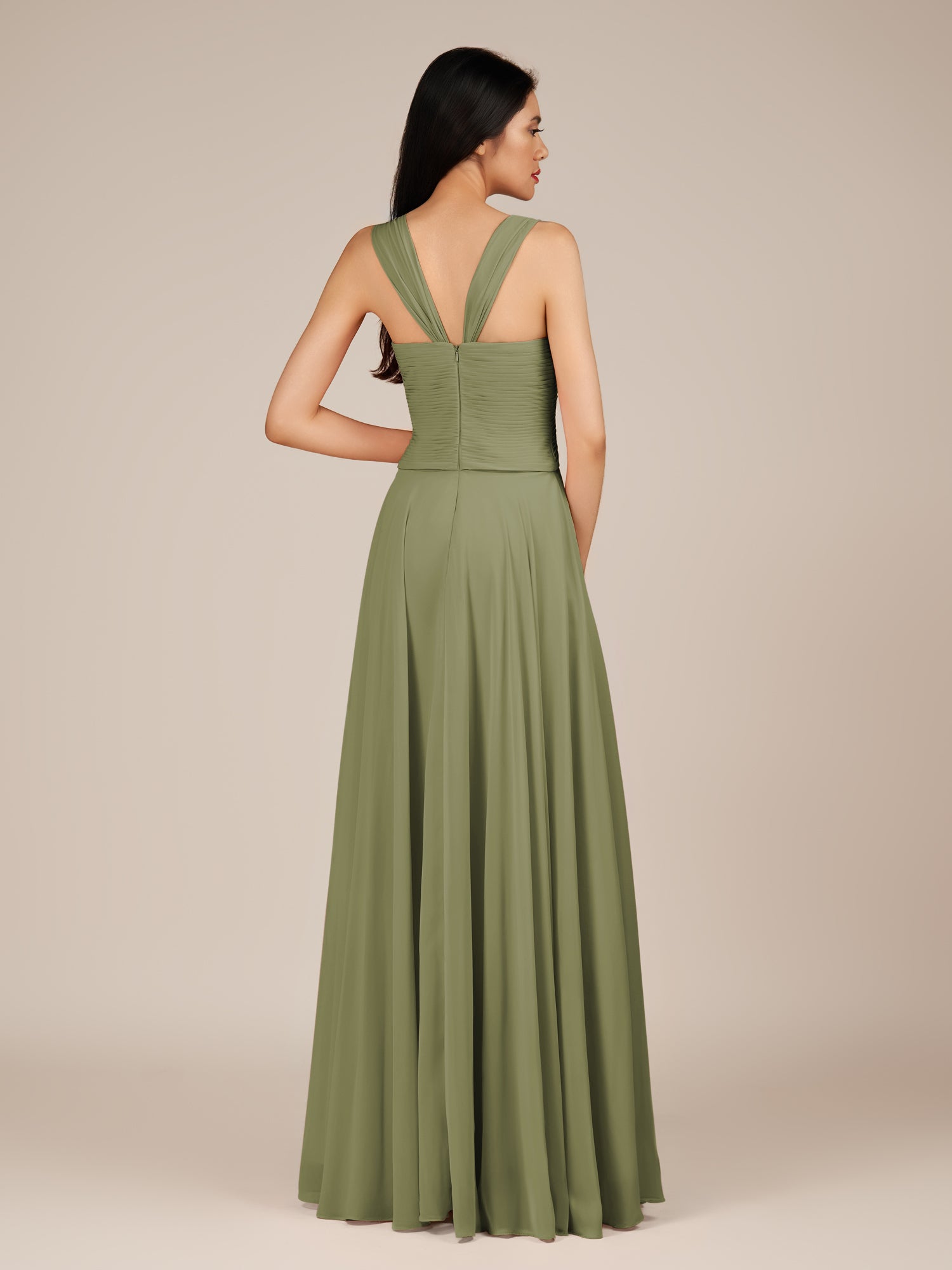 KissDress-Cerelia Thyme A Line V Neck Chiffon Long Bridesmaid Dress with Pleats