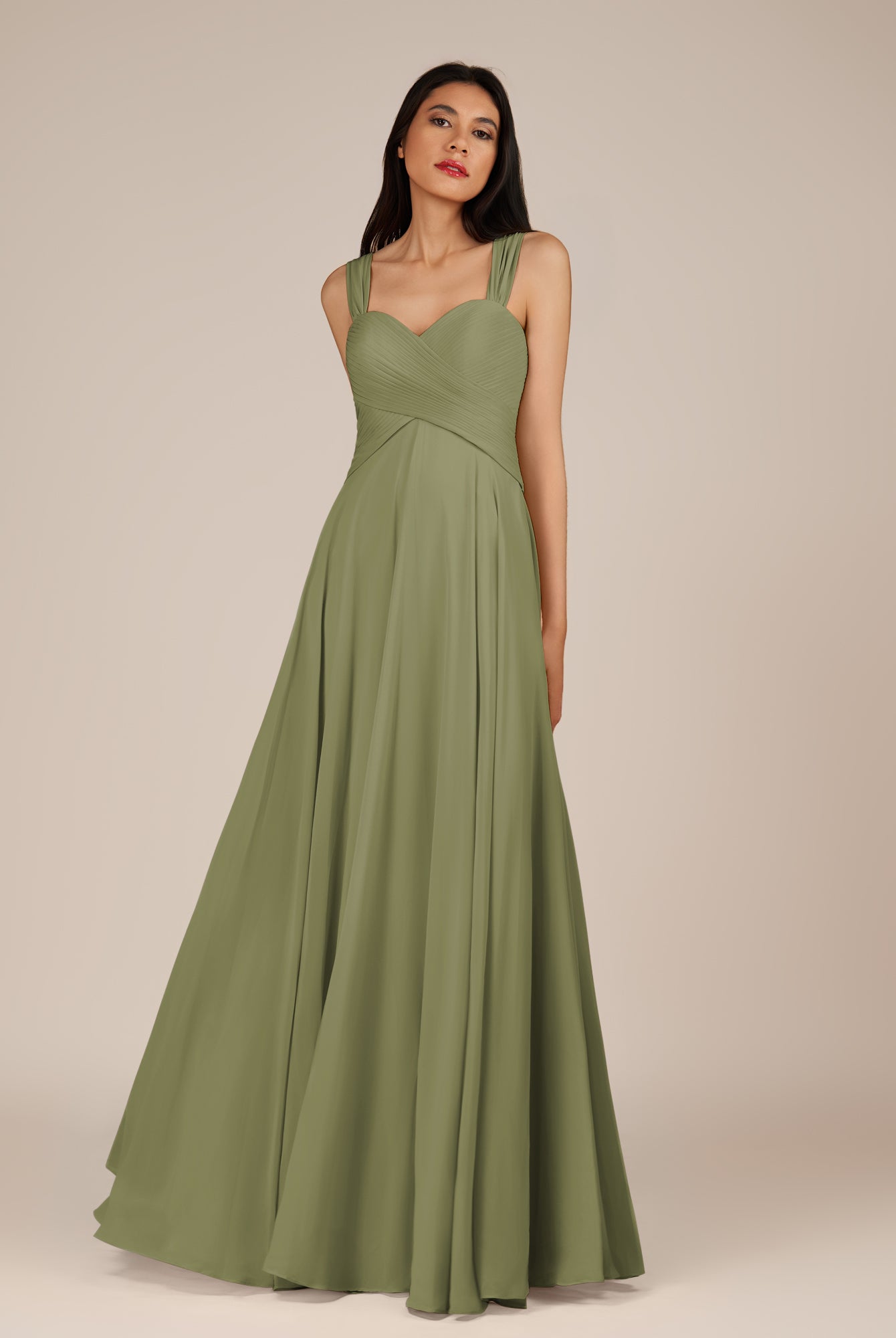 KissDress-Cerelia Thyme A Line V Neck Chiffon Long Bridesmaid Dress with Pleats
