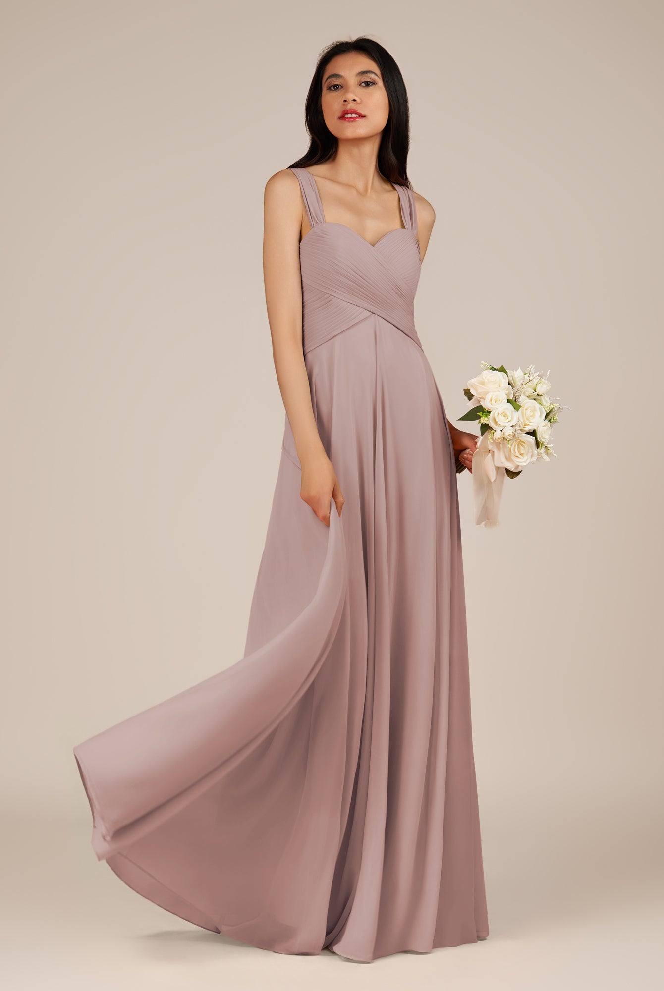 KissDress-Cerelia Toffee A Line V Neck Chiffon Long Bridesmaid Dress with Pleats