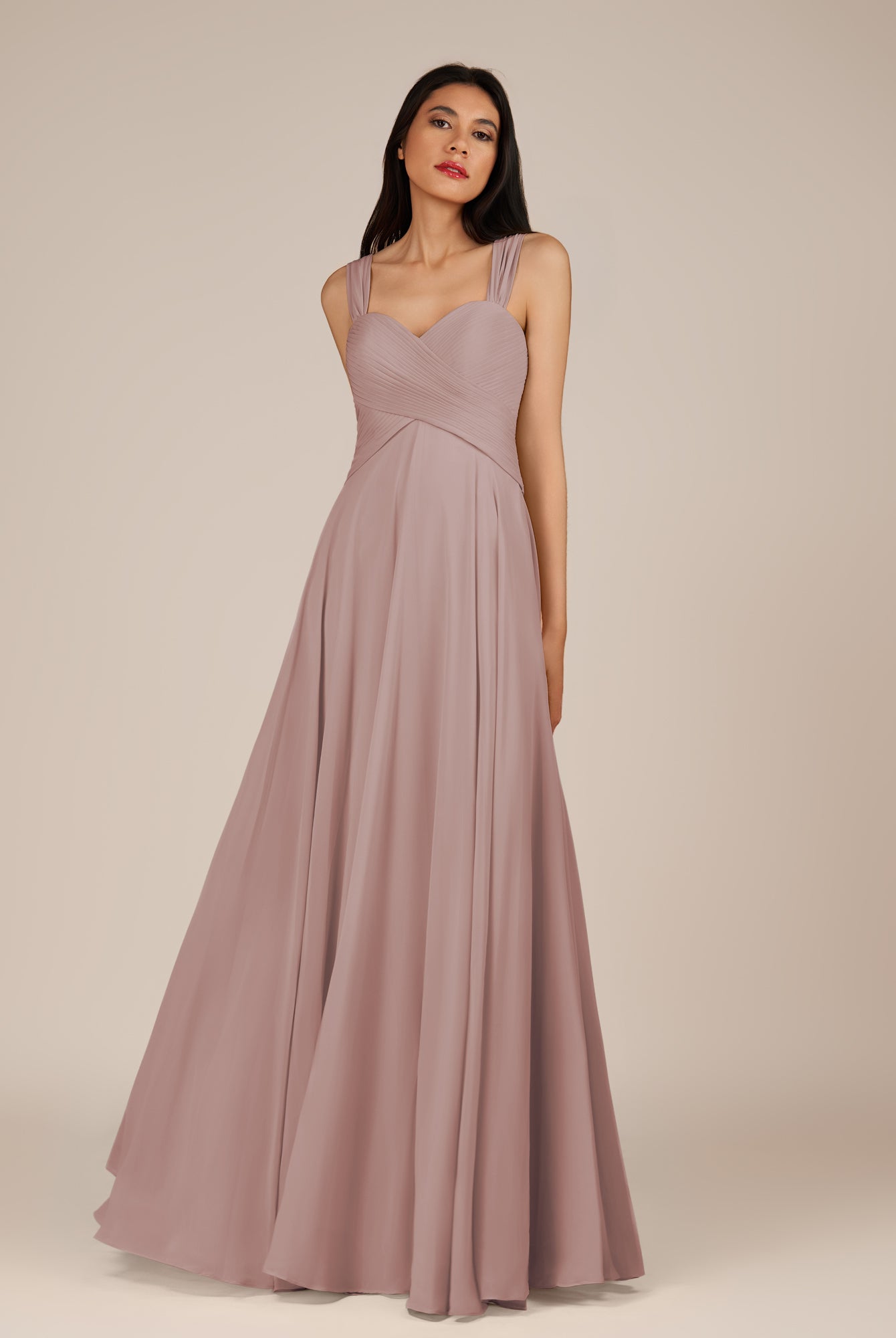 KissDress-Cerelia Toffee A Line V Neck Chiffon Long Bridesmaid Dress with Pleats