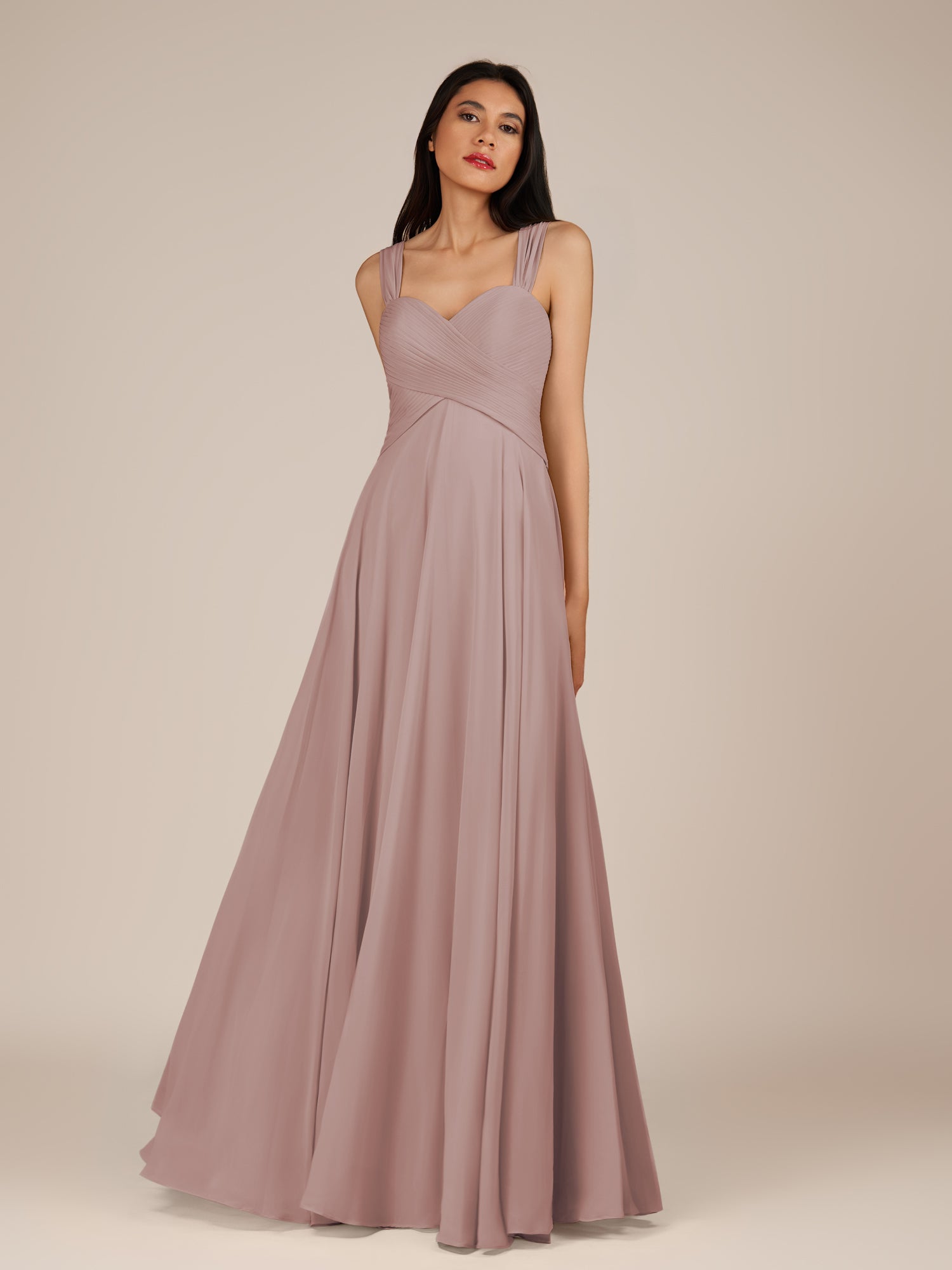 KissDress-Cerelia Toffee A Line V Neck Chiffon Long Bridesmaid Dress with Pleats