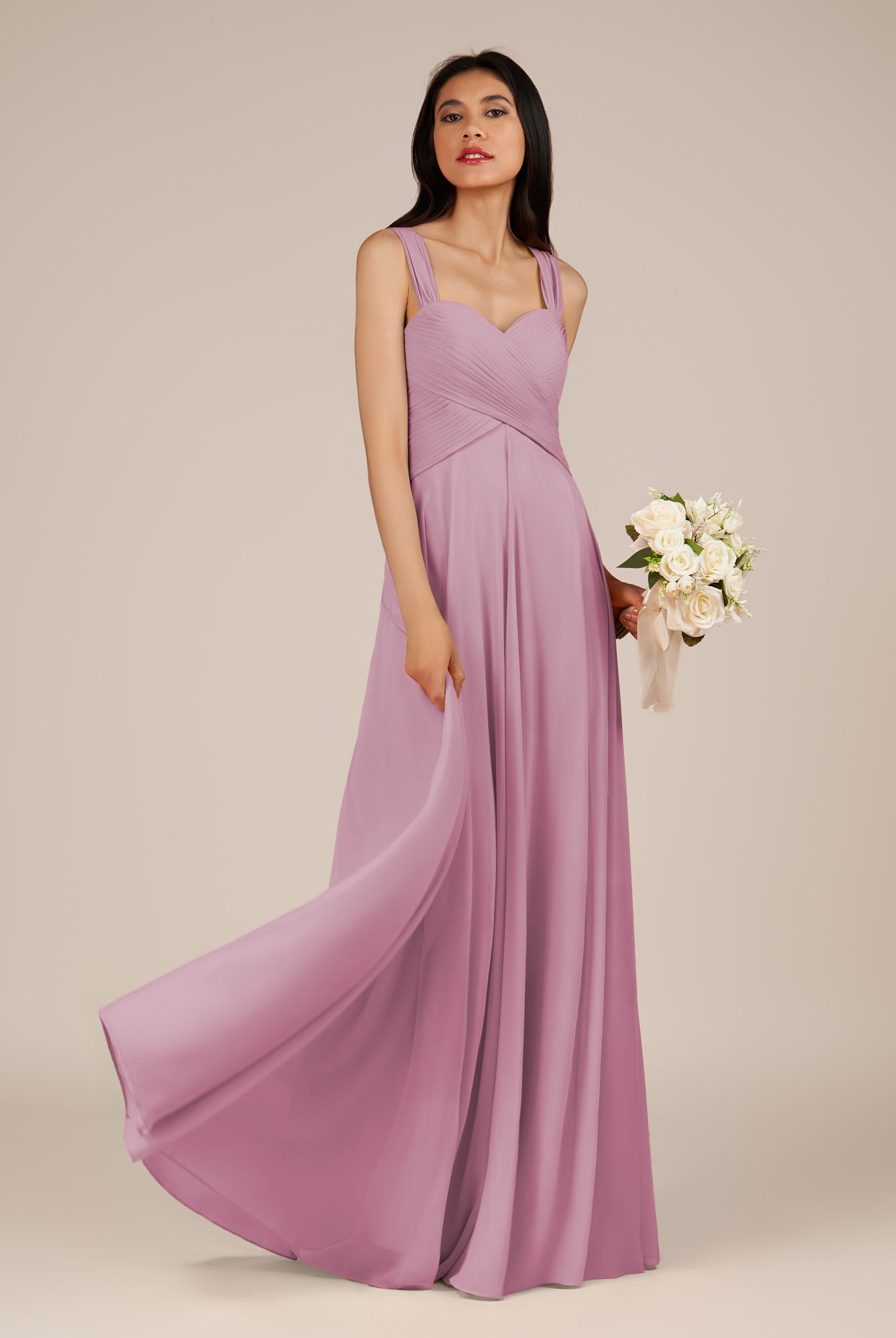 KissDress-Cerelia Vintage Mauve A Line V Neck Chiffon Long Bridesmaid Dress with Pleats