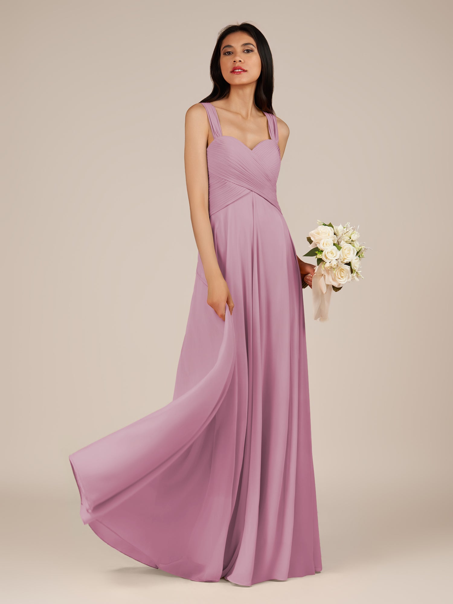 KissDress-Cerelia Vintage Mauve A Line V Neck Chiffon Long Bridesmaid Dress with Pleats
