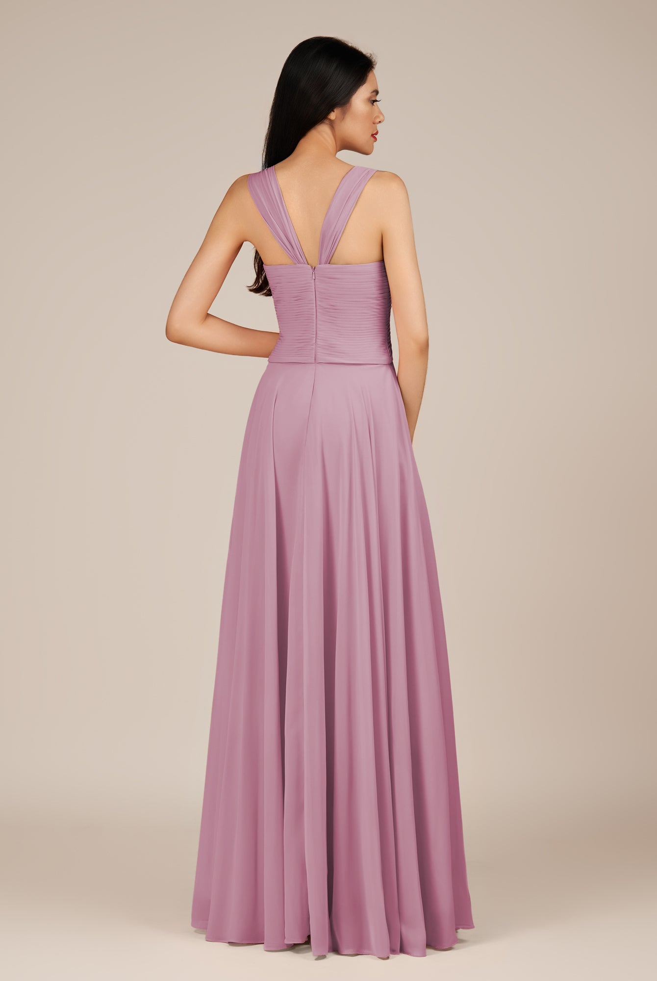 KissDress-Cerelia Vintage Mauve A Line V Neck Chiffon Long Bridesmaid Dress with Pleats