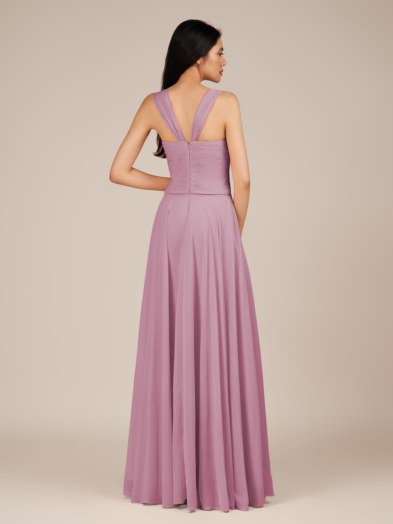 KissDress-Cerelia Vintage Mauve A Line V Neck Chiffon Long Bridesmaid Dress with Pleats