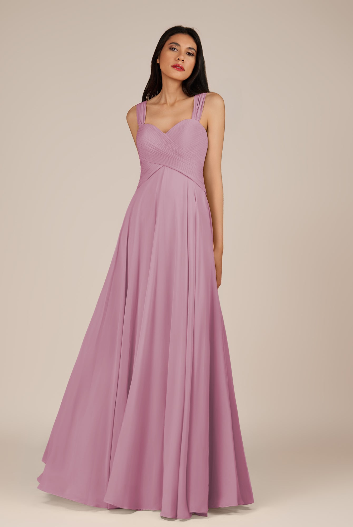 KissDress-Cerelia Vintage Mauve A Line V Neck Chiffon Long Bridesmaid Dress with Pleats