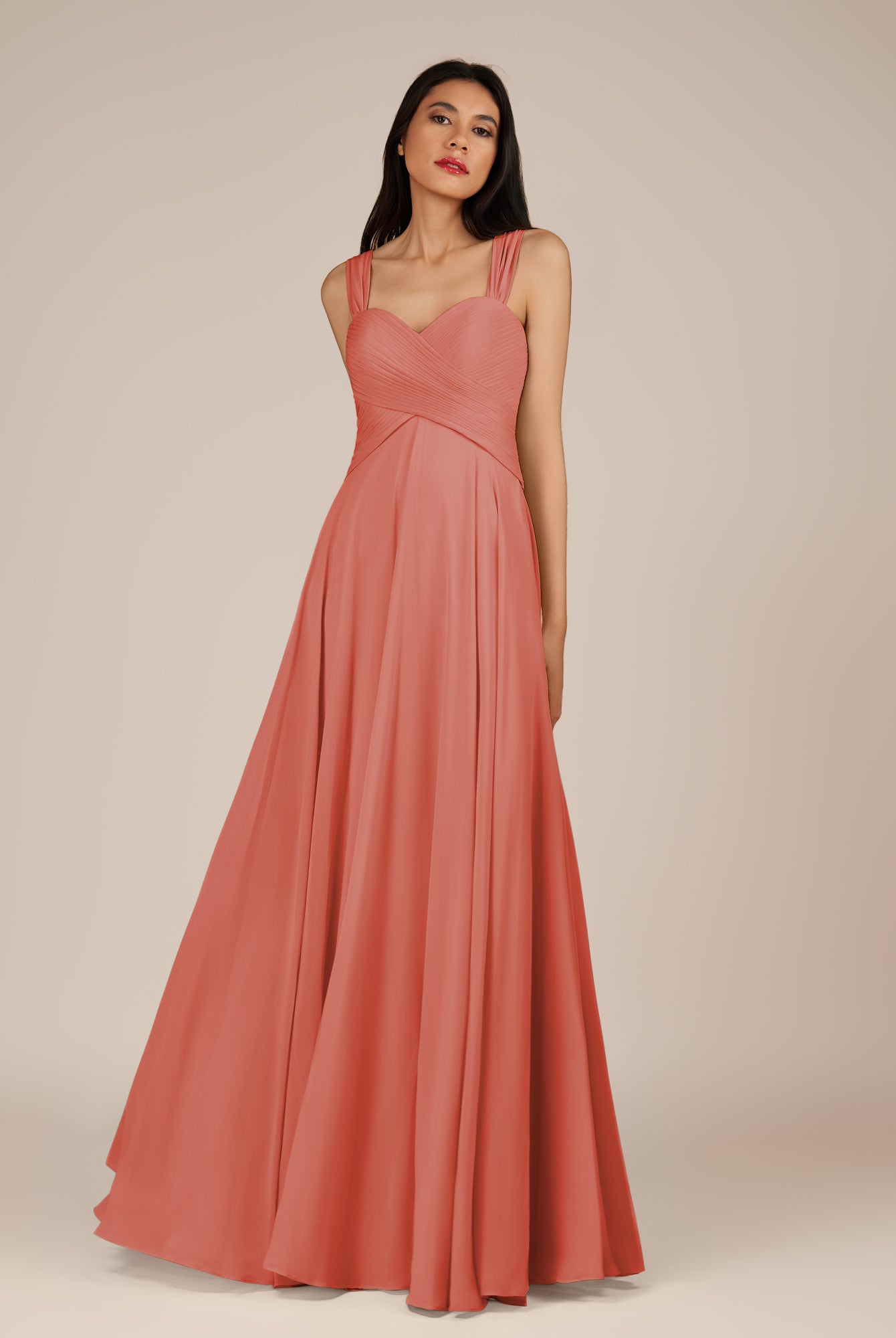KissDress-Cerelia Wild Rose A Line V Neck Chiffon Long Bridesmaid Dress with Pleats