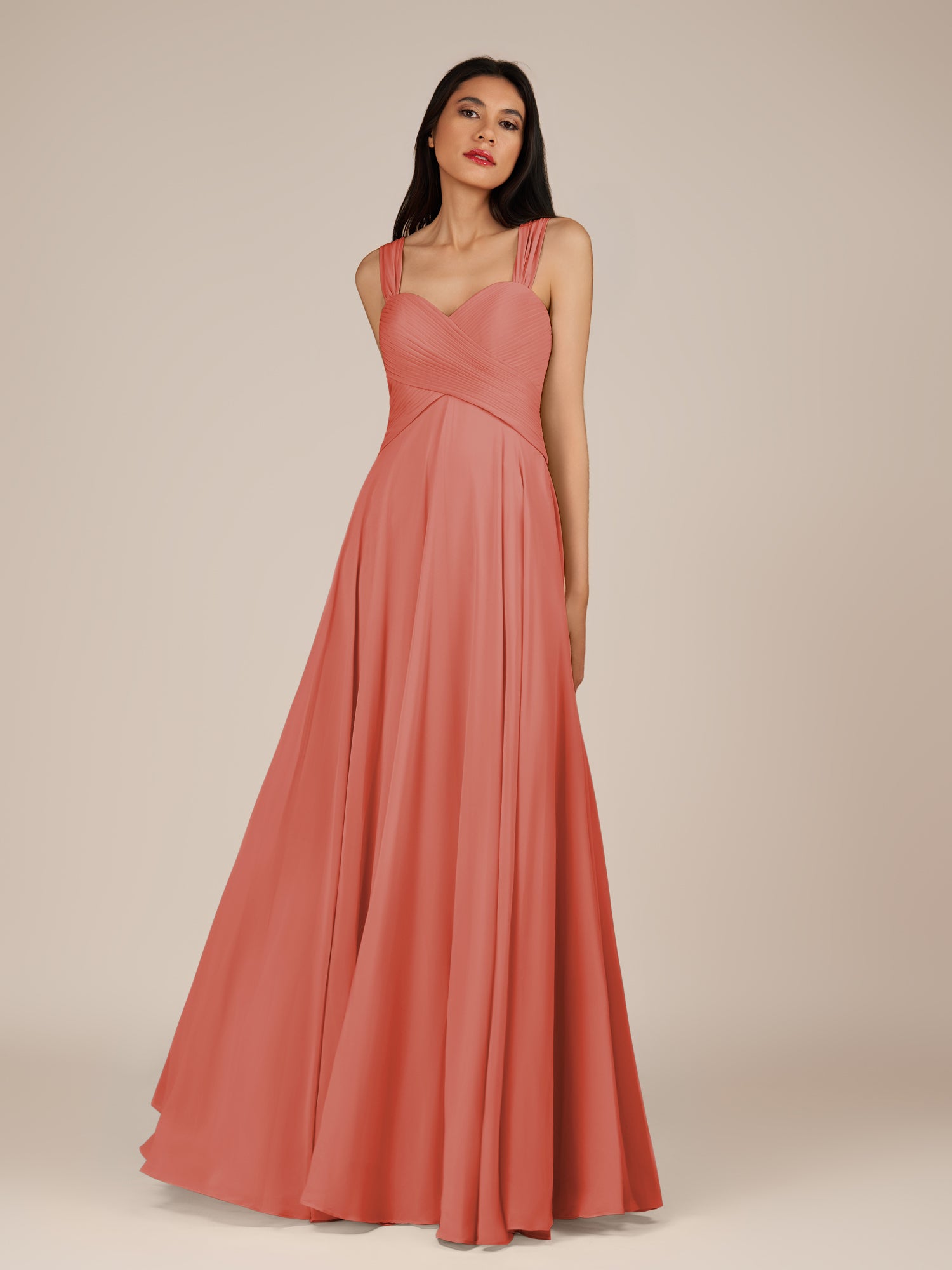 KissDress-Cerelia Wild Rose A Line V Neck Chiffon Long Bridesmaid Dress with Pleats