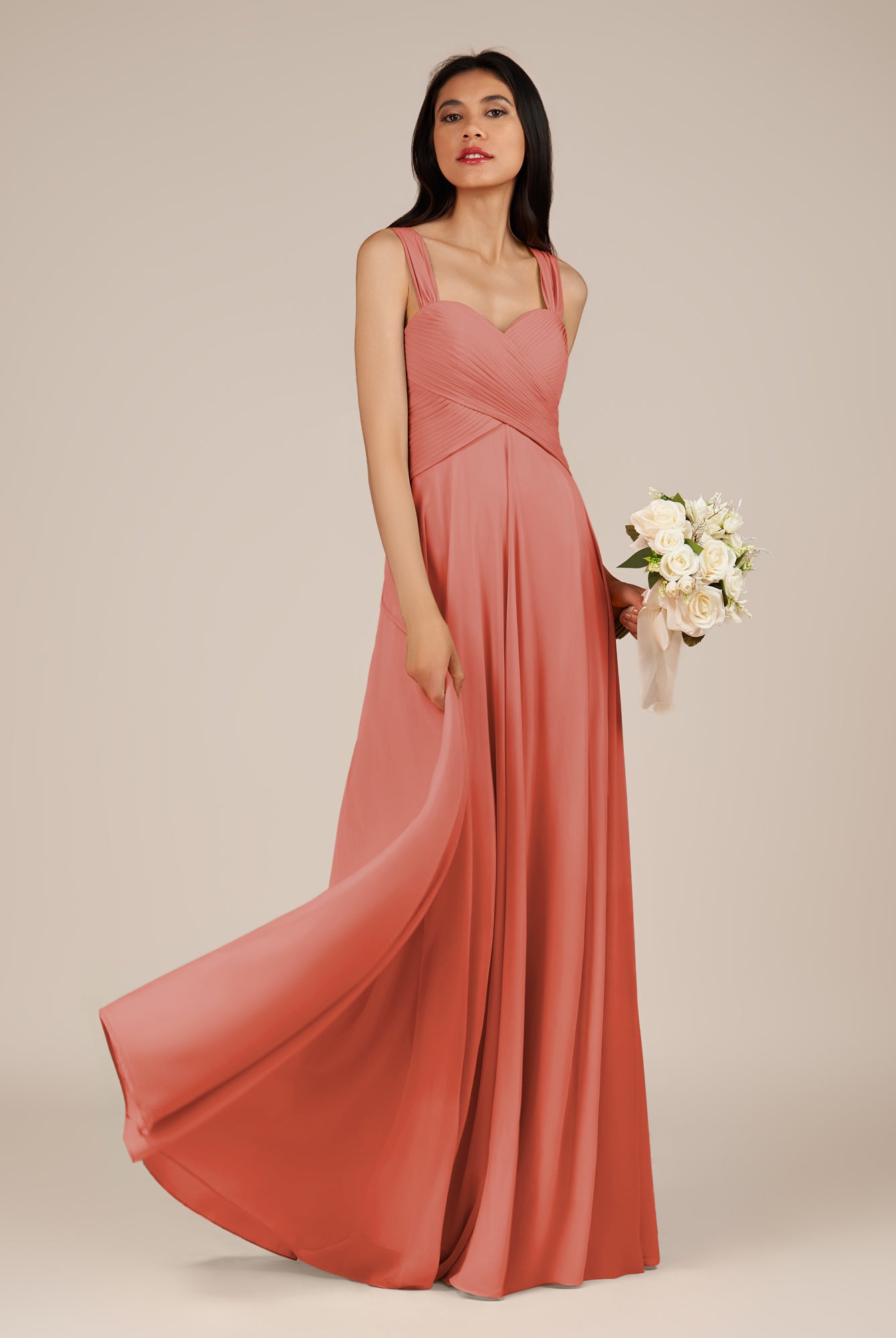 KissDress-Cerelia Wild Rose A Line V Neck Chiffon Long Bridesmaid Dress with Pleats