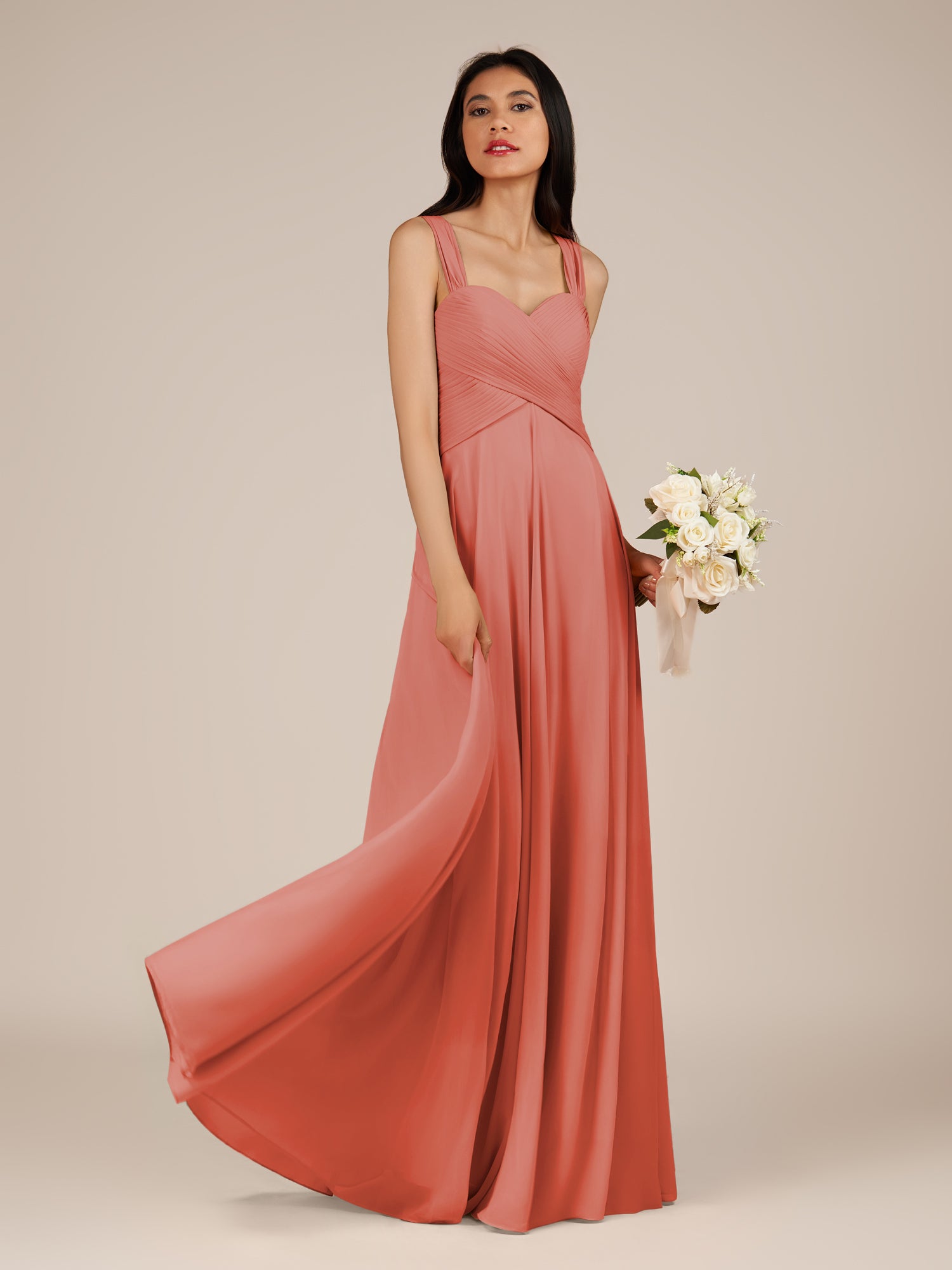 KissDress-Cerelia Wild Rose A Line V Neck Chiffon Long Bridesmaid Dress with Pleats