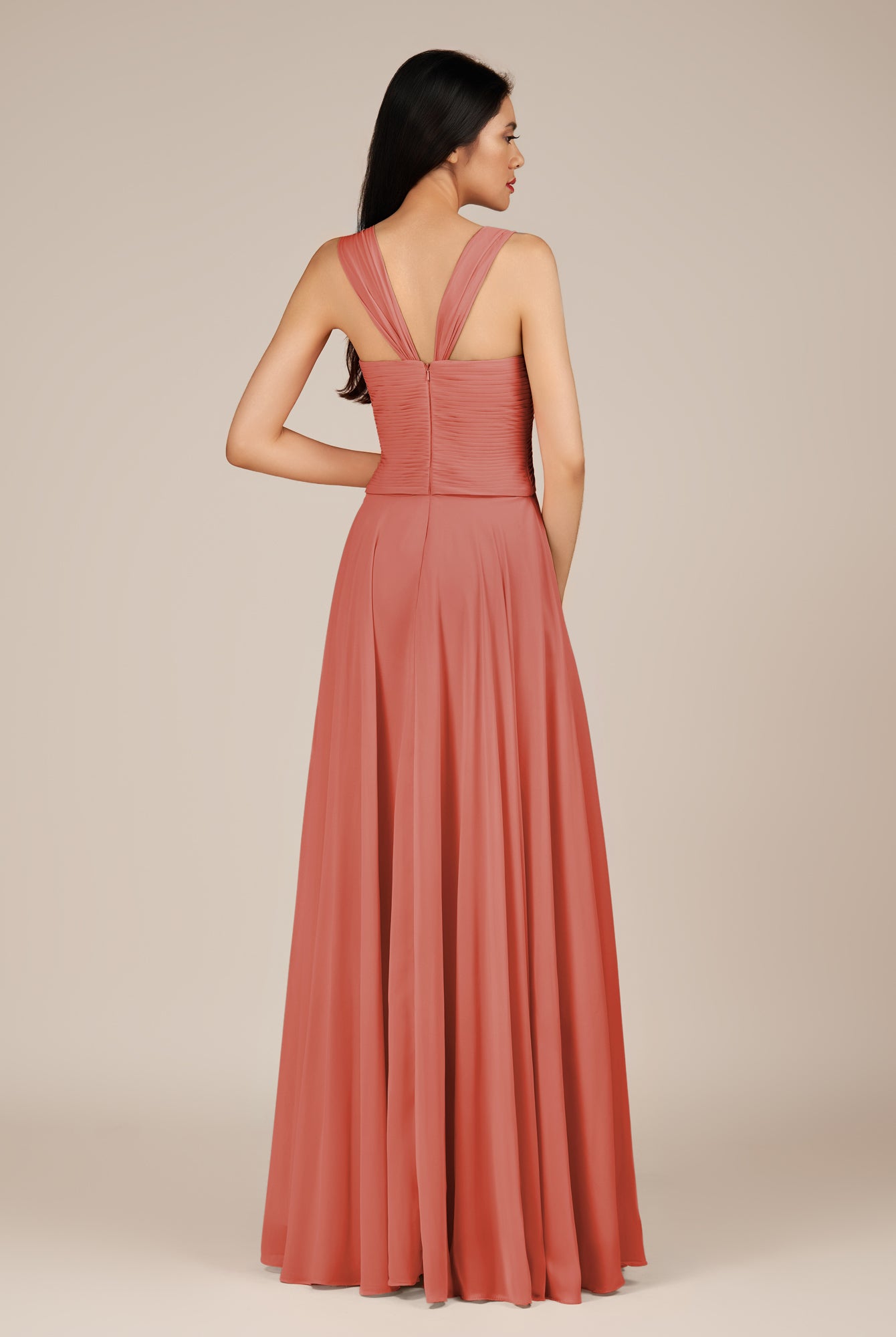 KissDress-Cerelia Wild Rose A Line V Neck Chiffon Long Bridesmaid Dress with Pleats