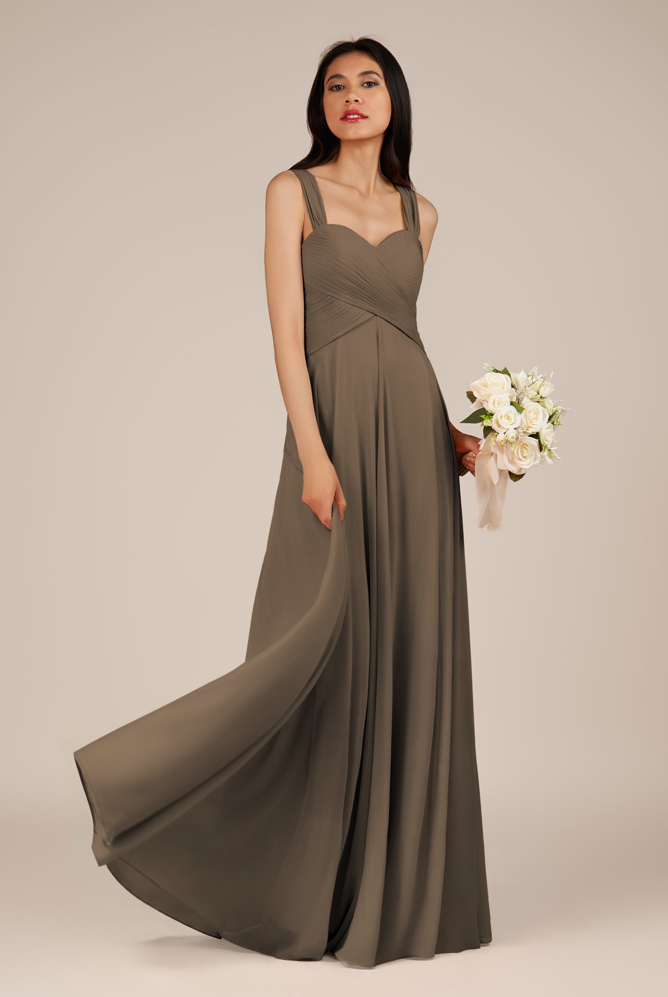KissDress-Cerelia Willow Green A Line V Neck Chiffon Long Bridesmaid Dress with Pleats
