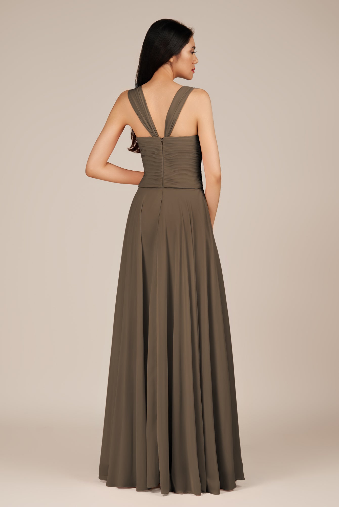 KissDress-Cerelia Willow Green A Line V Neck Chiffon Long Bridesmaid Dress with Pleats