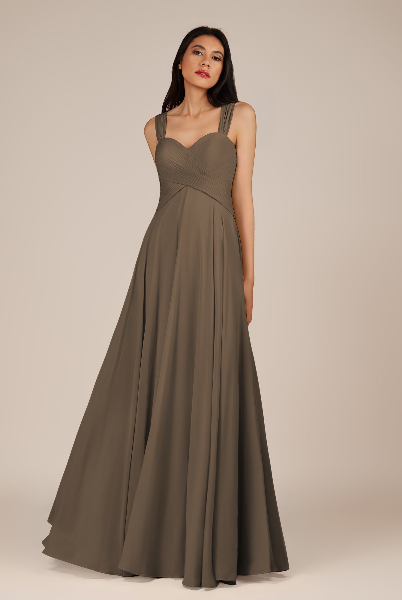 KissDress-Cerelia Willow Green A Line V Neck Chiffon Long Bridesmaid Dress with Pleats