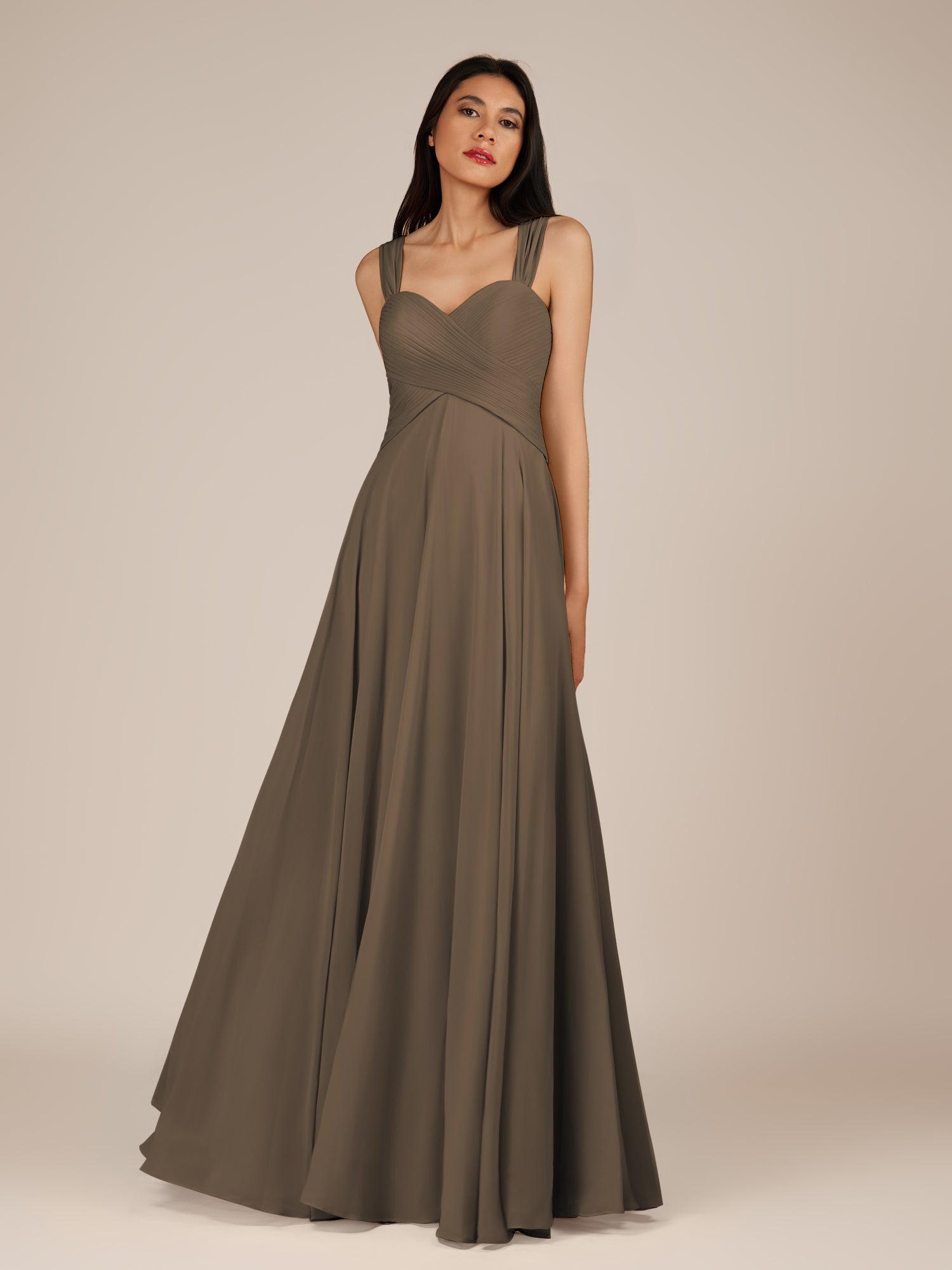 KissDress-Cerelia Willow Green A Line V Neck Chiffon Long Bridesmaid Dress with Pleats