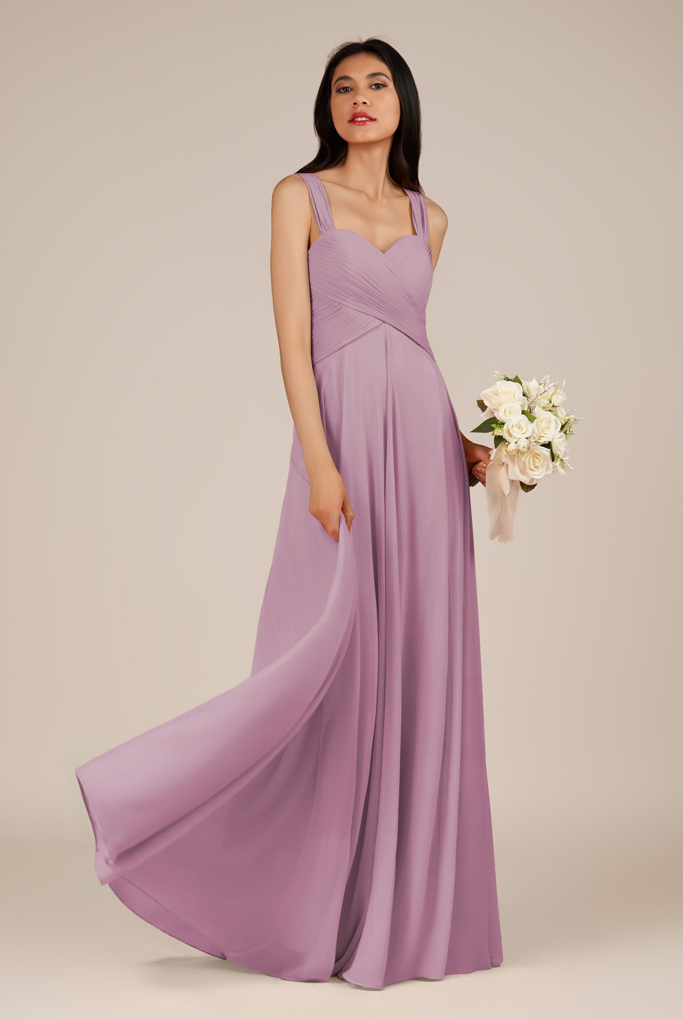KissDress-Cerelia Wisteria A Line V Neck Chiffon Long Bridesmaid Dress with Pleats