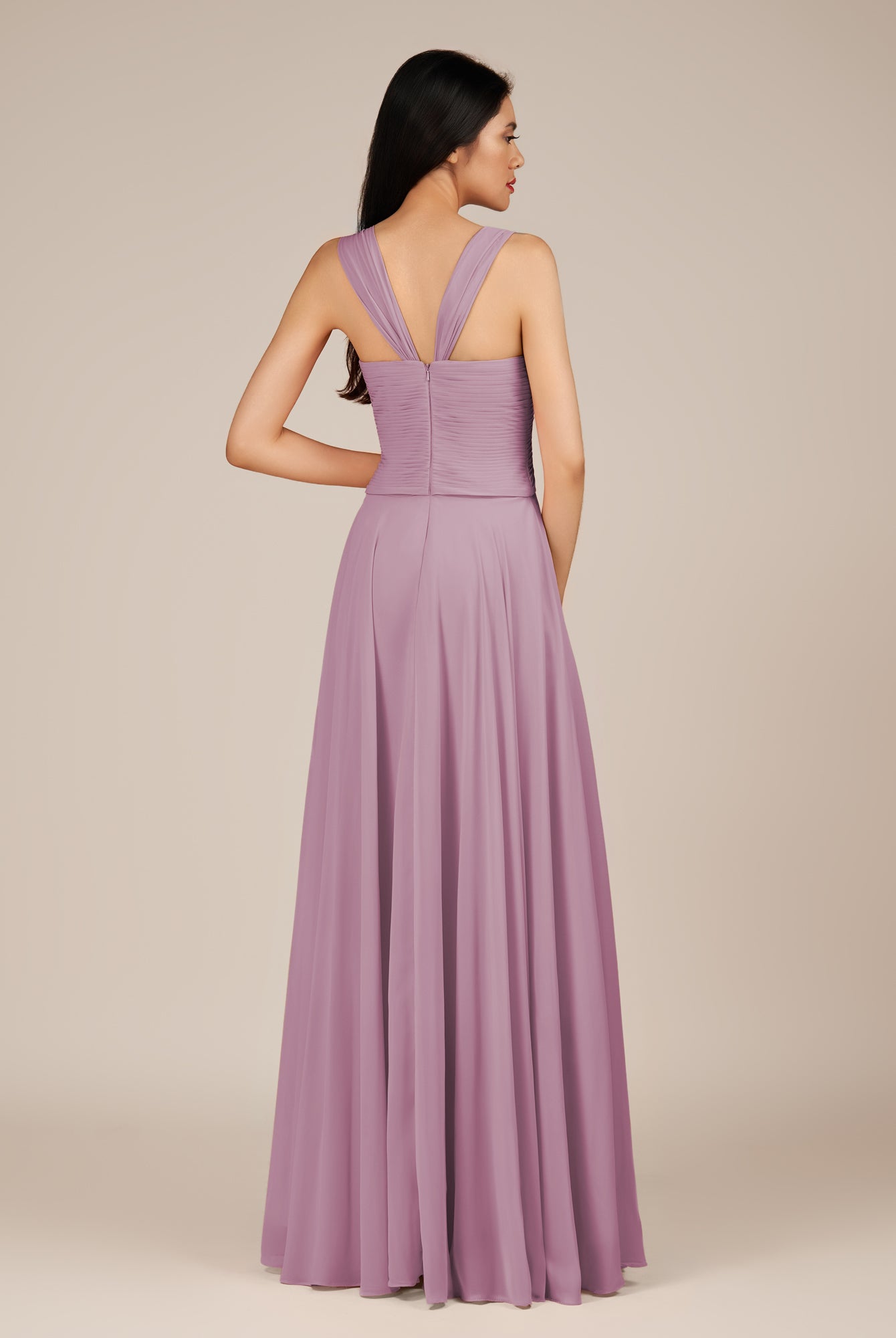 KissDress-Cerelia Wisteria A Line V Neck Chiffon Long Bridesmaid Dress with Pleats