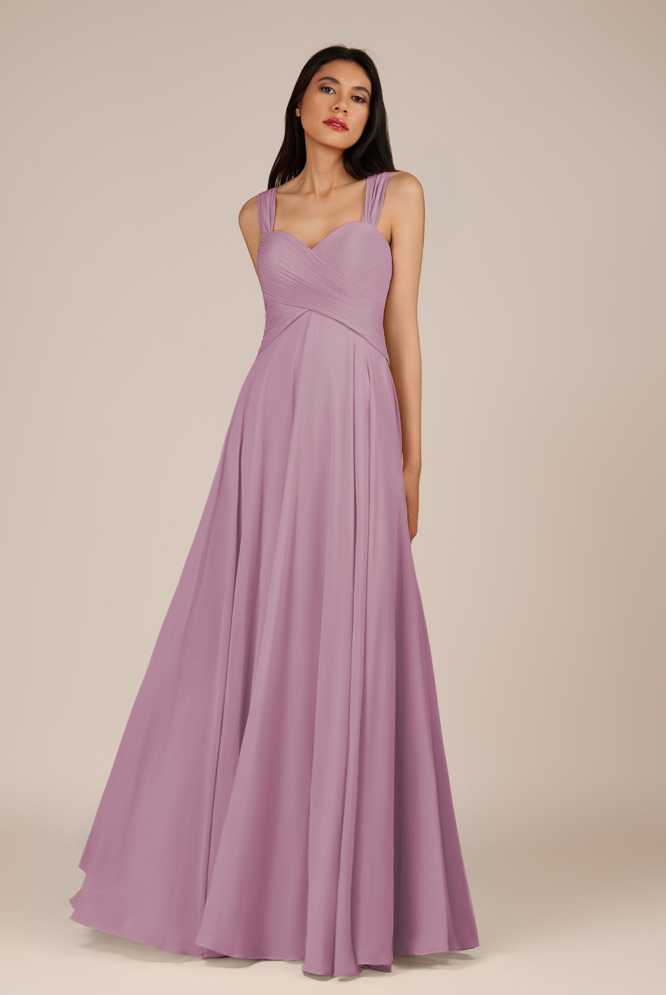 KissDress-Cerelia Wisteria A Line V Neck Chiffon Long Bridesmaid Dress with Pleats