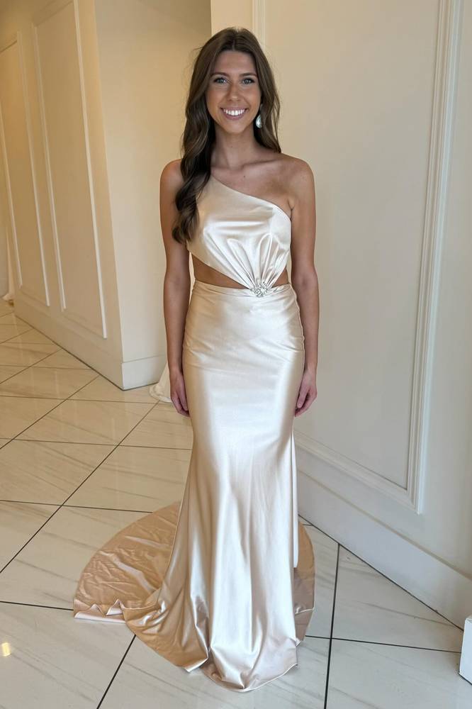 Champagne One-Shoulder Mermaid Satin Long Prom Dress